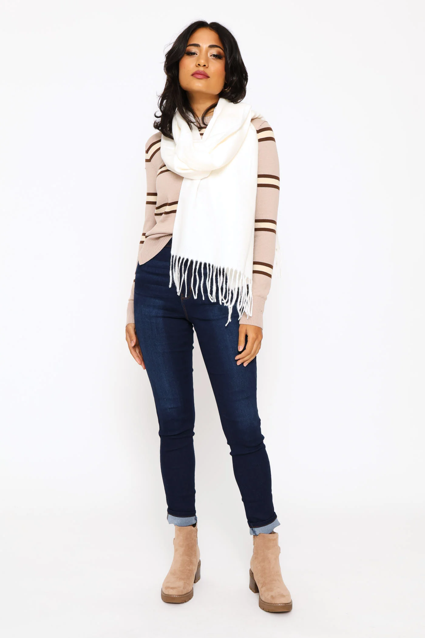 Fringe Detail Woven Scarf - Cream - Image 4