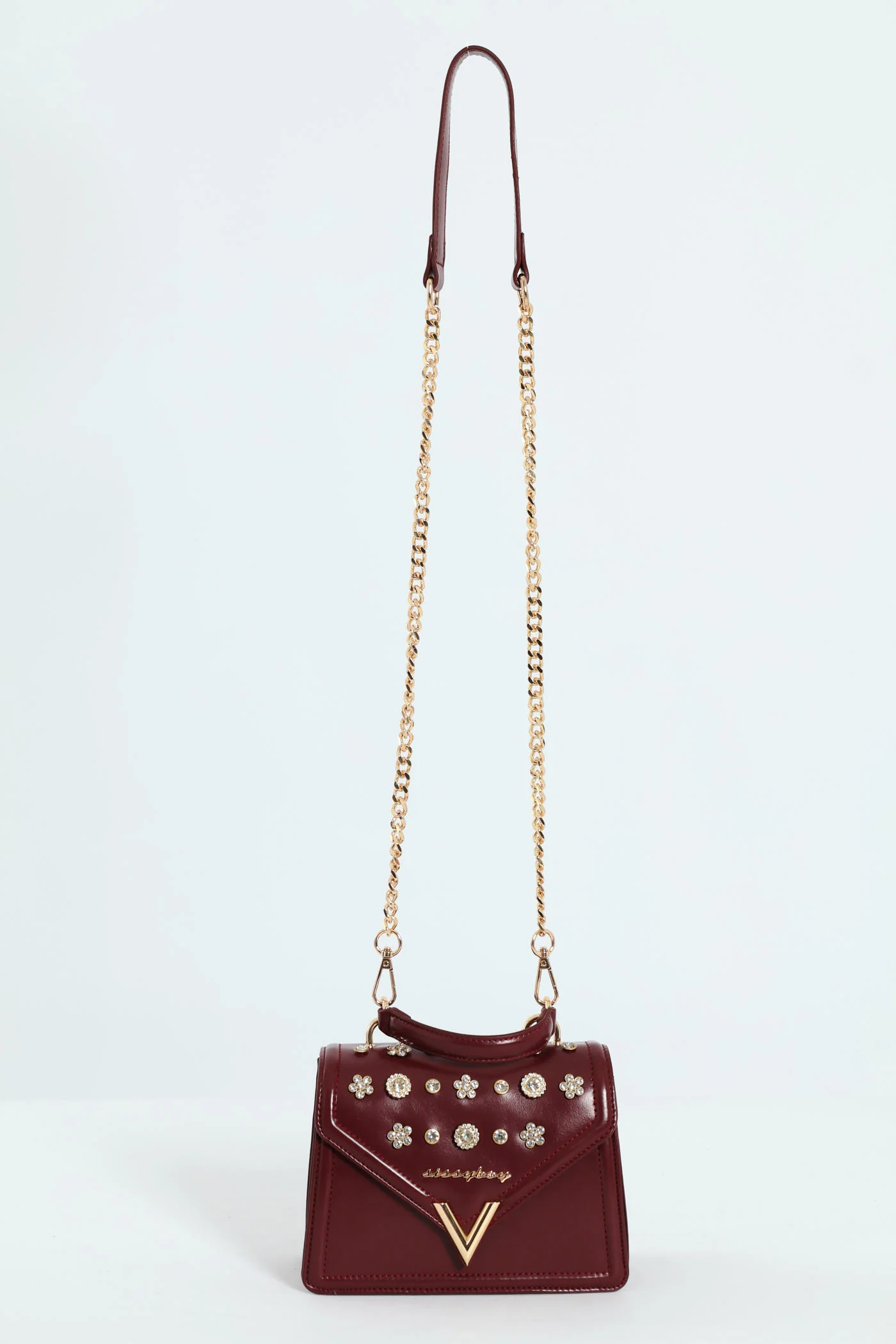 Handbag With Front Bling Detail - Burgundy - Image 2