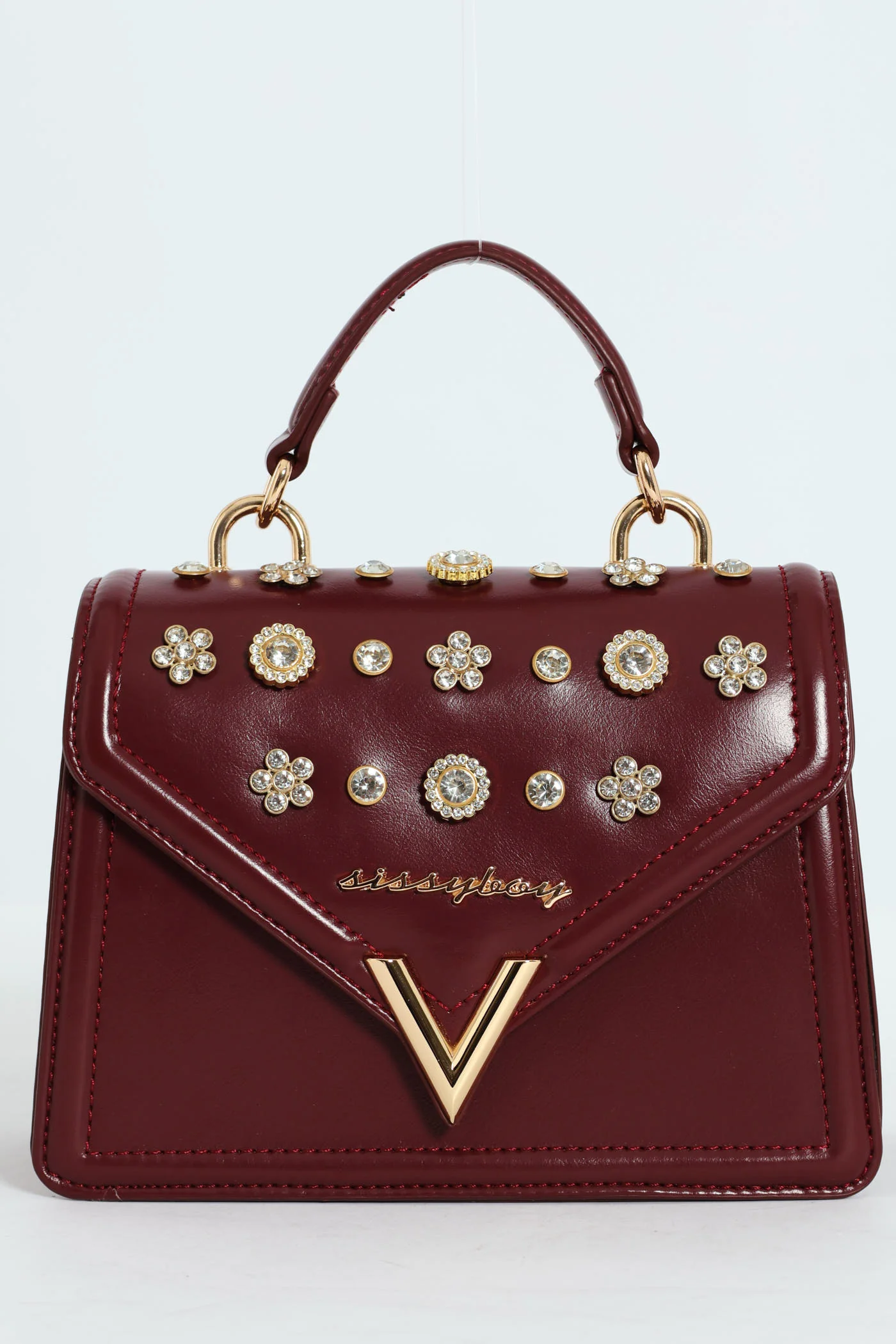 Handbag With Front Bling Detail - Burgundy - Image 4
