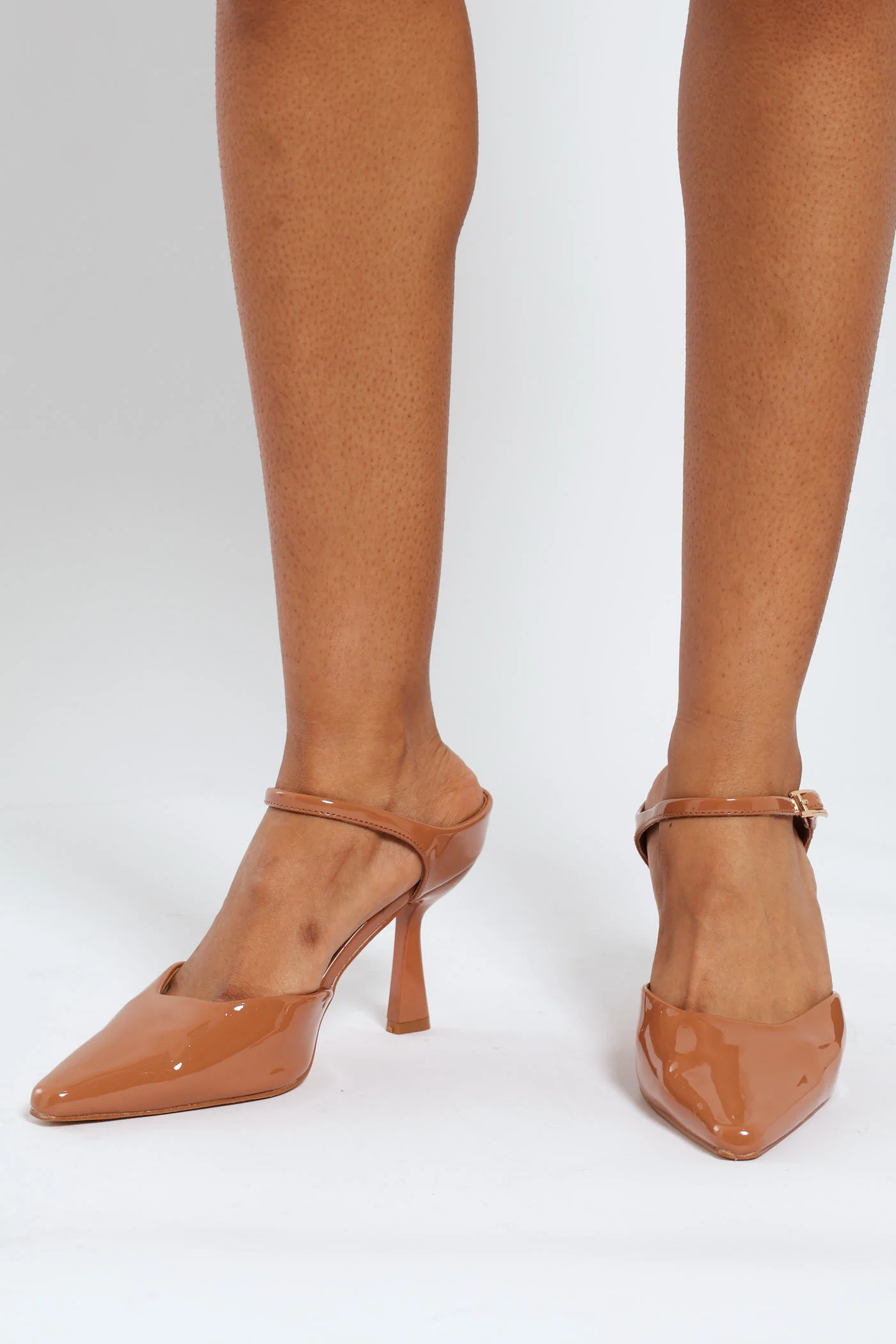 Front Buckle Strap Pointy Stiletto Mule Heel - Taupe - Image 2