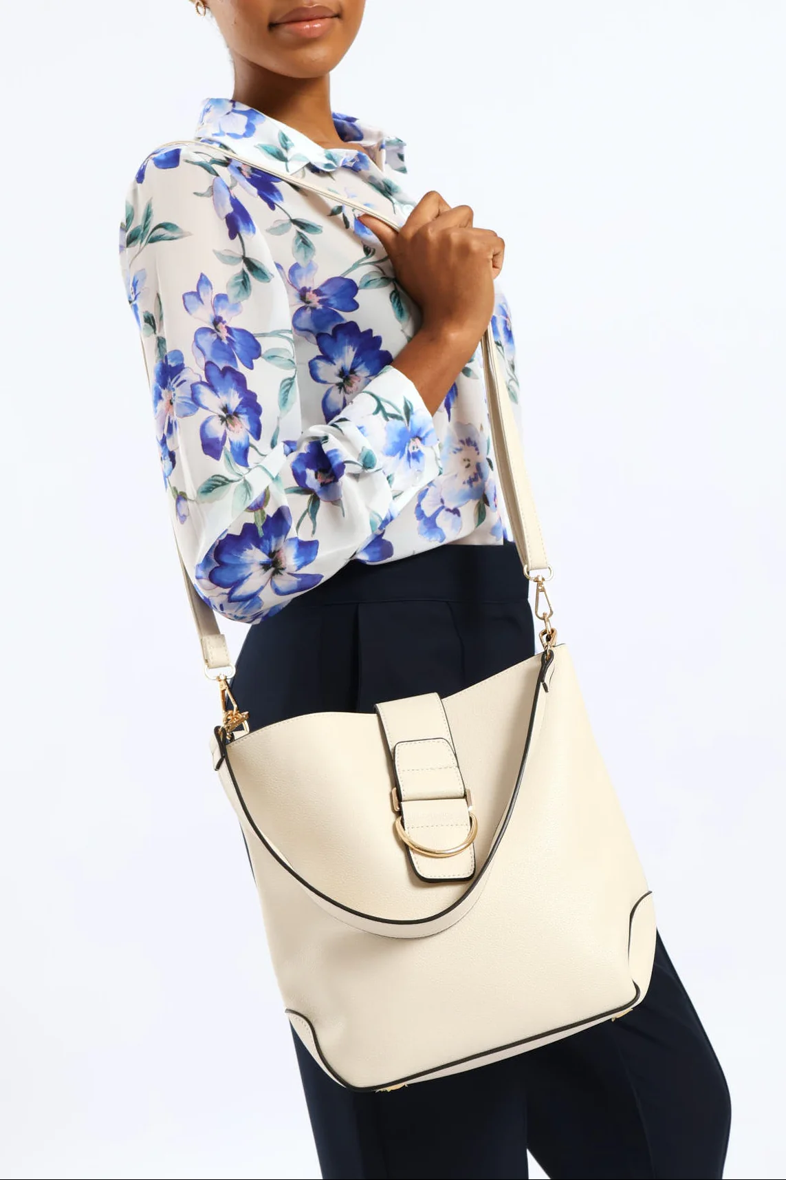 Front Flap Gold Trim Bucket Bag - Cream - Image 2