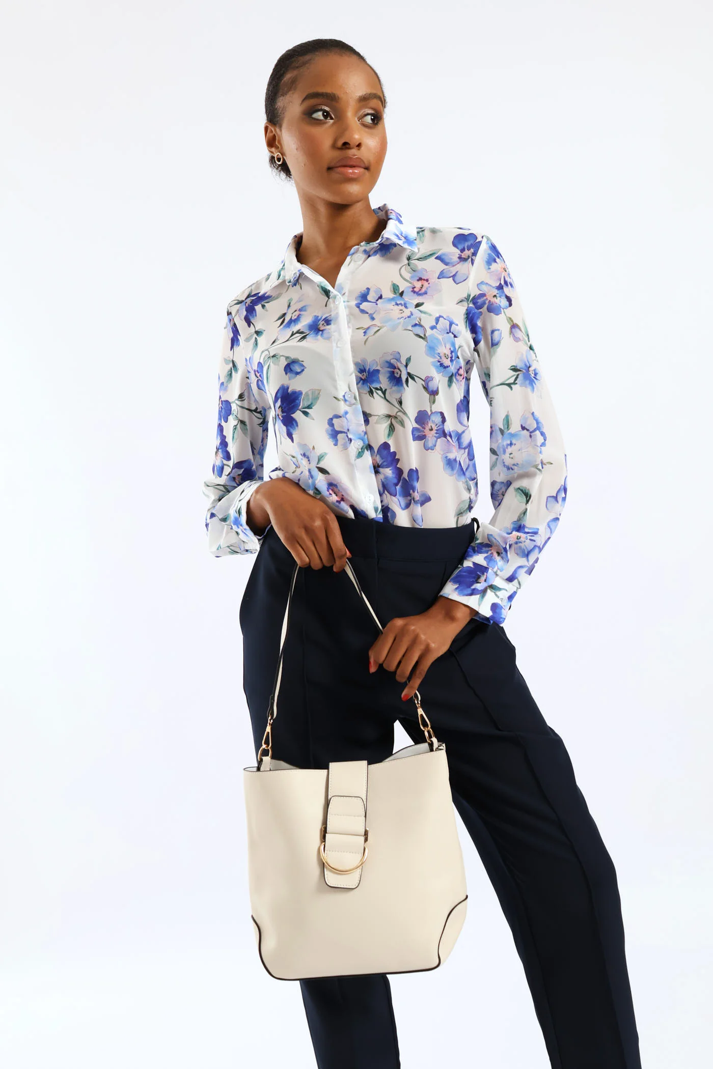 Front Flap Gold Trim Bucket Bag - Cream - Image 3