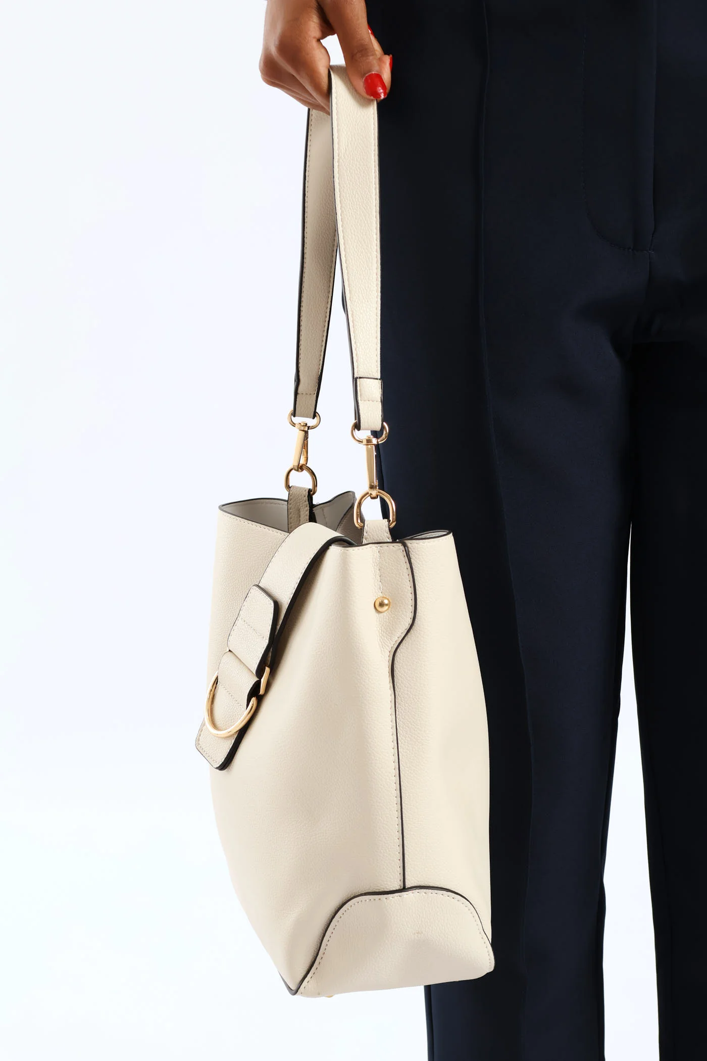 Front Flap Gold Trim Bucket Bag - Cream - Image 5