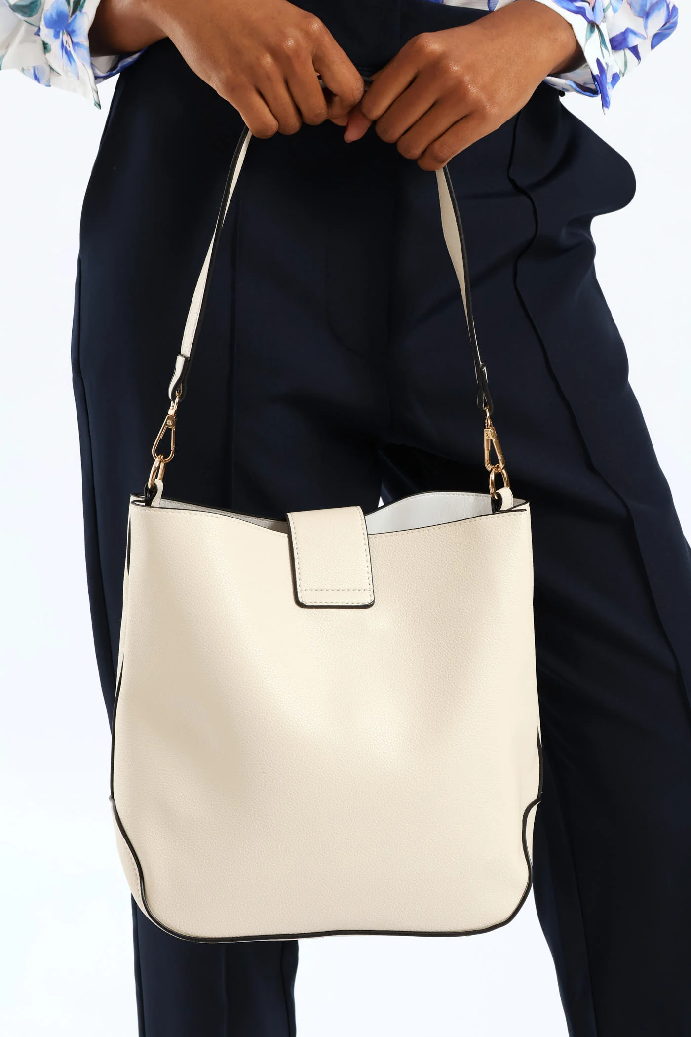 Front Flap Gold Trim Bucket Bag - Cream - Image 6
