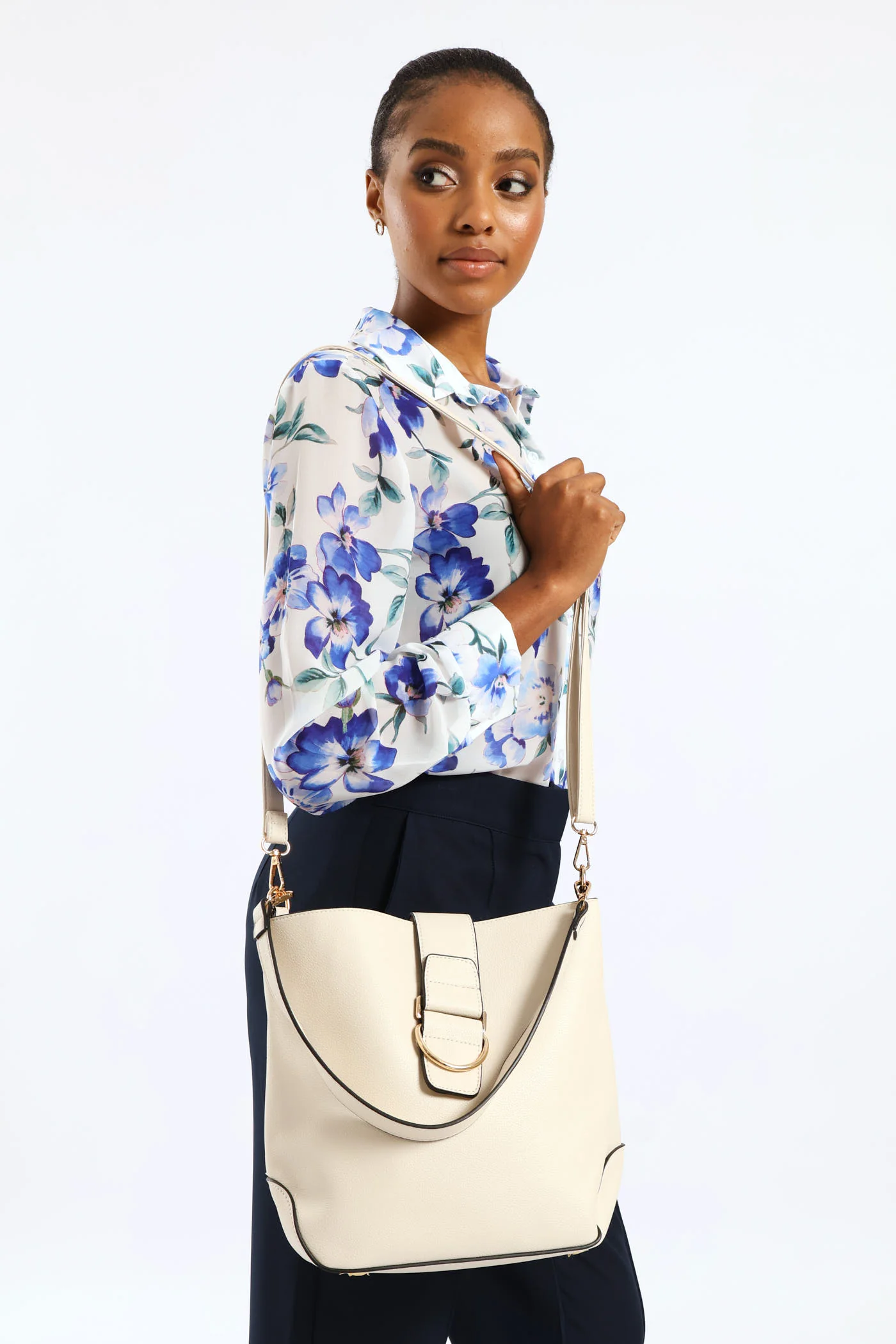 Front Flap Gold Trim Bucket Bag - Cream - Image 8