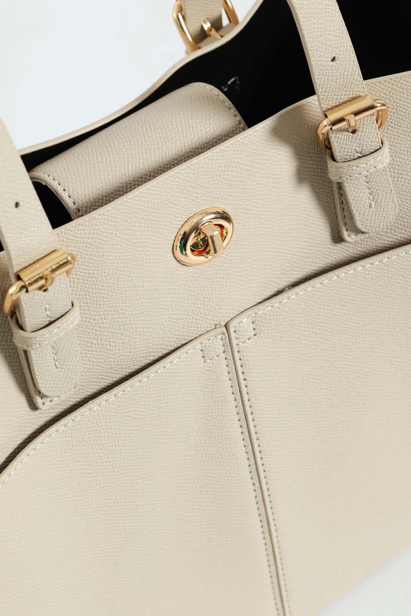 Front Pocket Detail Gold Trim Tote Bag - Stone - Image 2