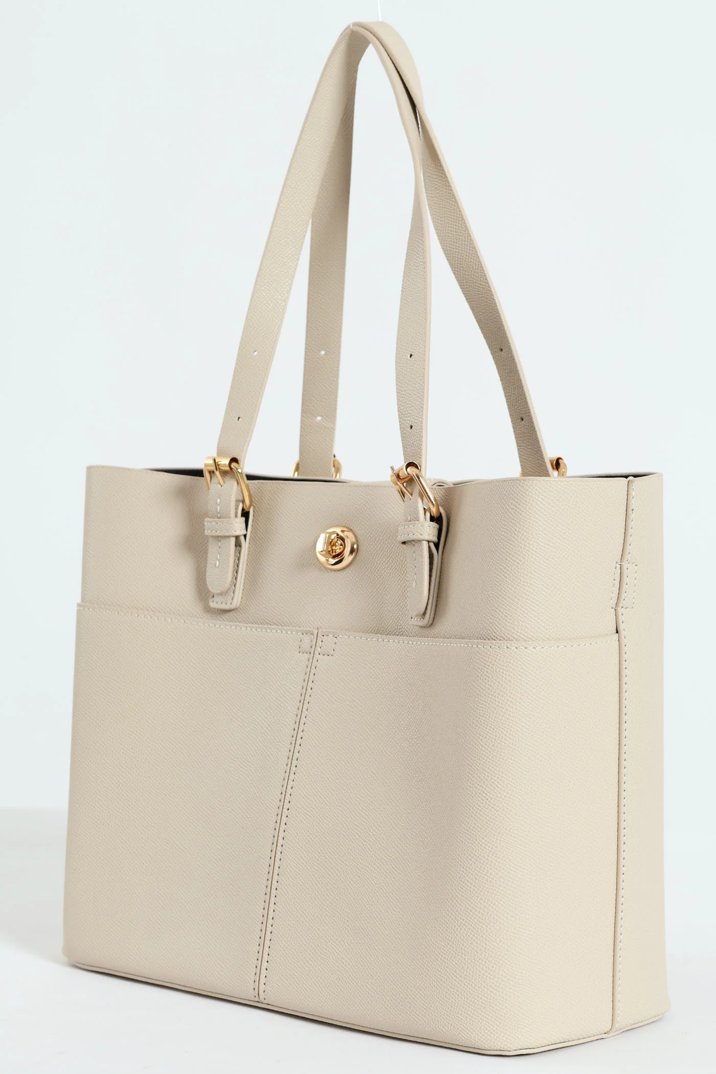 Front Pocket Detail Gold Trim Tote Bag - Stone - Image 3