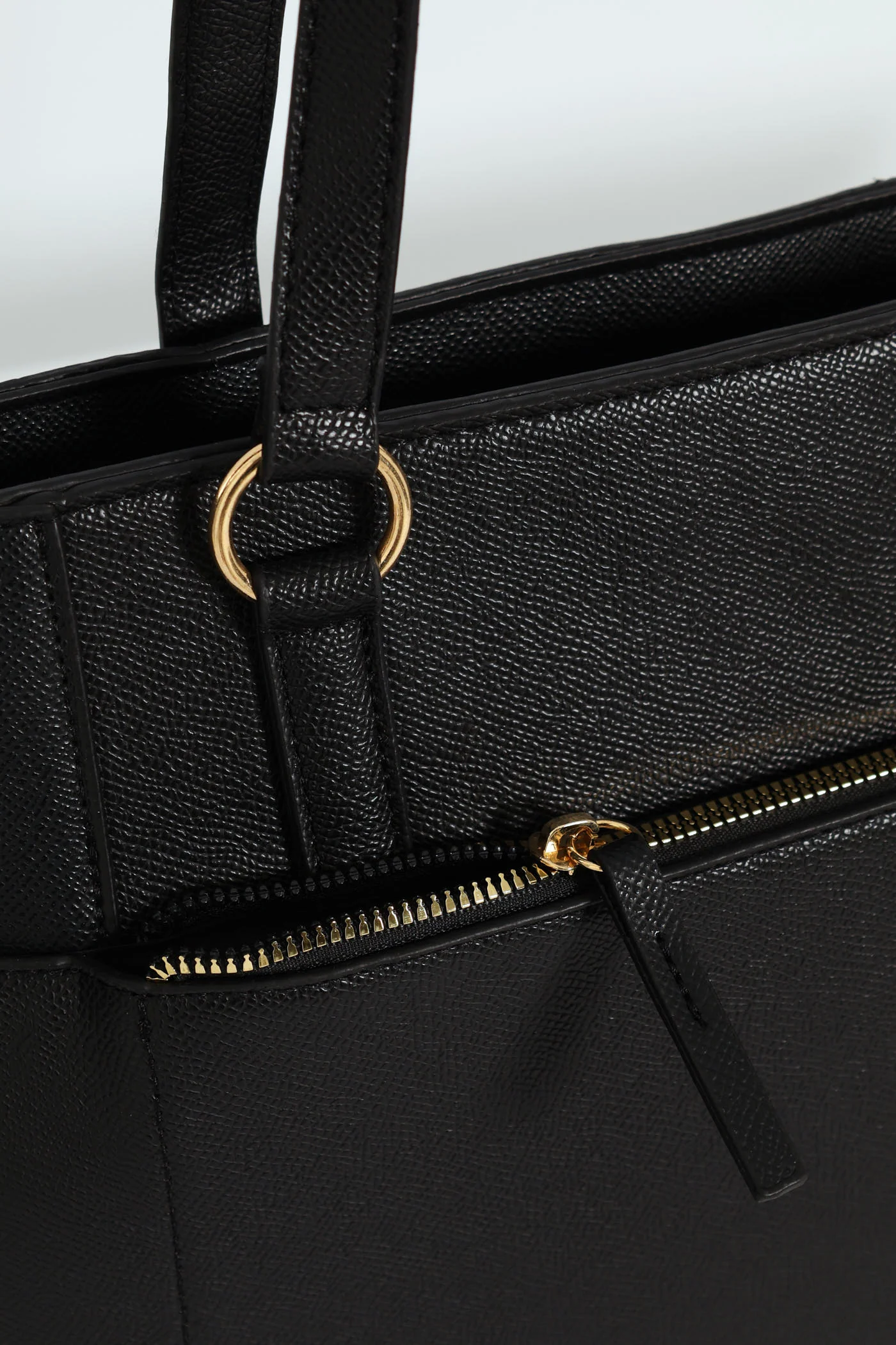 Front Zip Gold Ring Shopper Bag - Black - Image 2