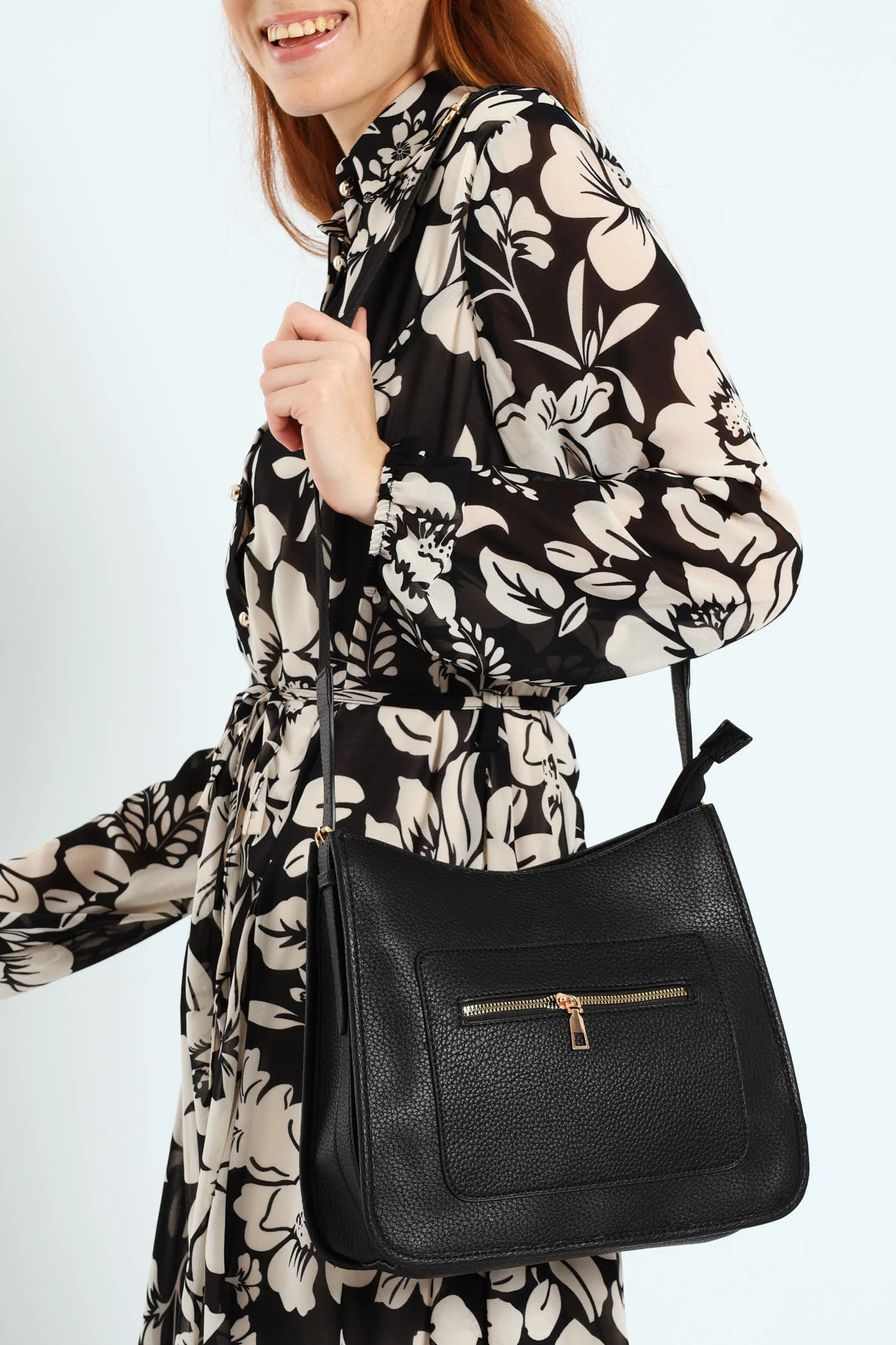 Front Zip Pocket Webbing Strap Crossbody Bag - Black - Image 2