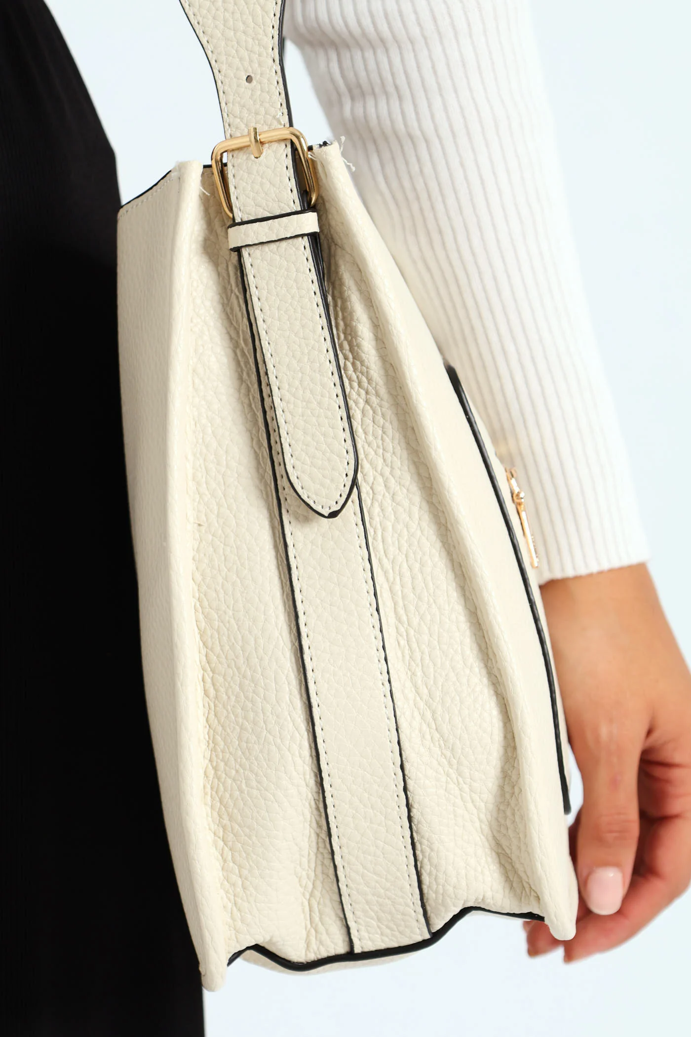 Front Zip Pocket Webbing Strap Crossbody Bag - Cream - Image 2