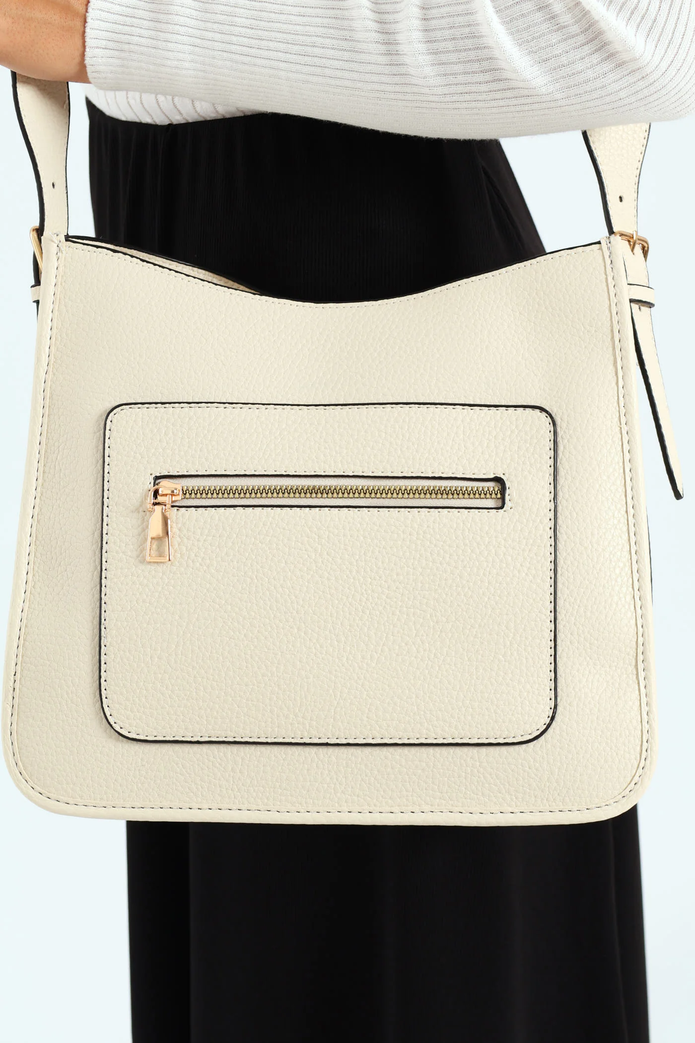 Front Zip Pocket Webbing Strap Crossbody Bag - Cream - Image 3