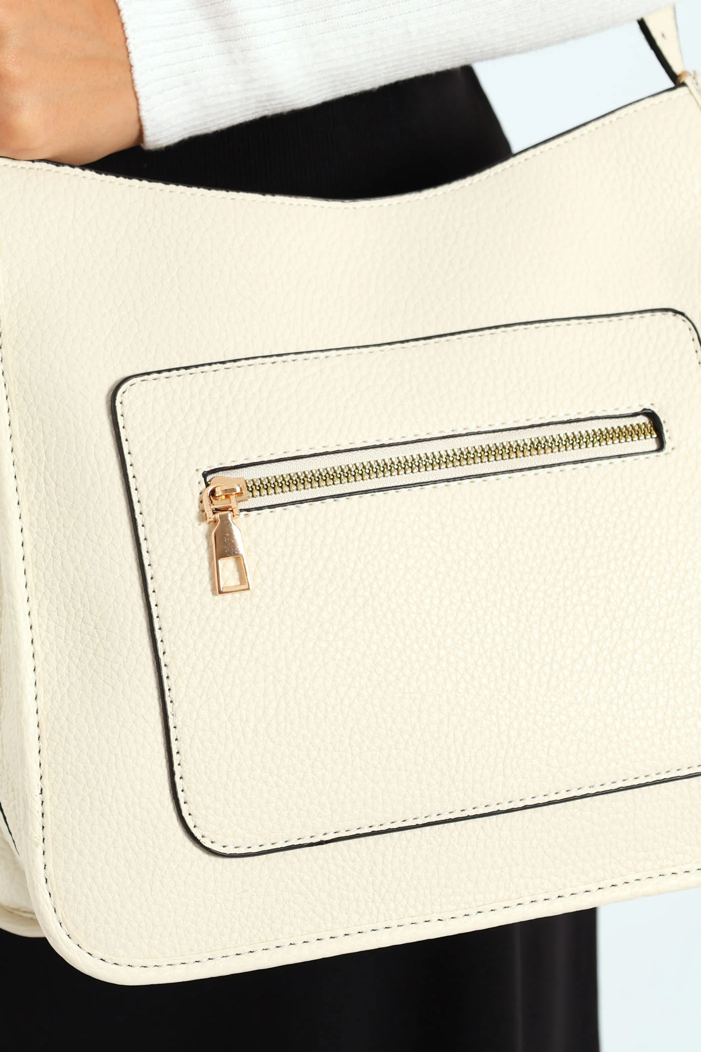 Front Zip Pocket Webbing Strap Crossbody Bag - Cream - Image 5