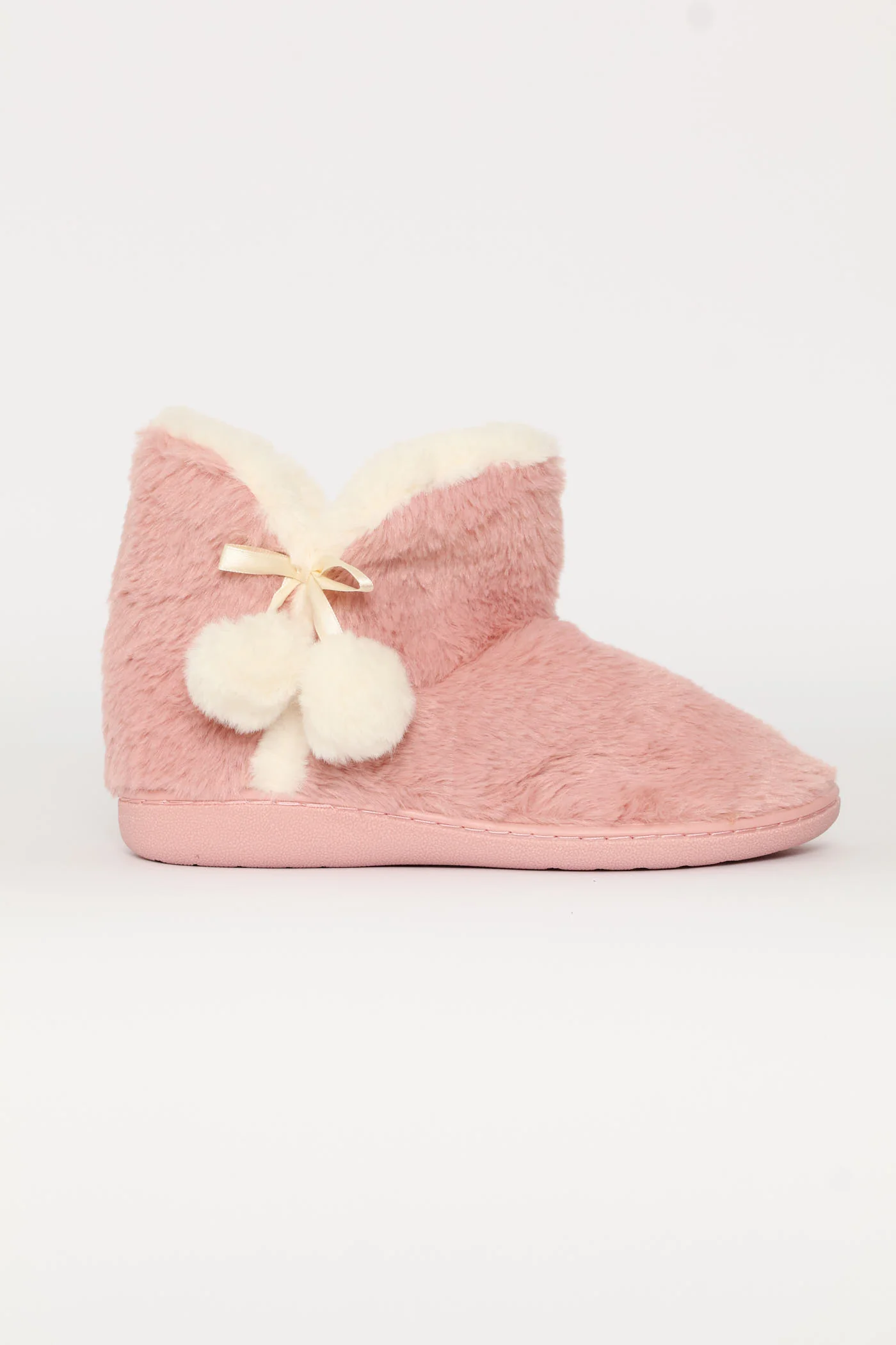 Full Faux Fur Slipper Bootie With Pompoms - Blush - Image 3