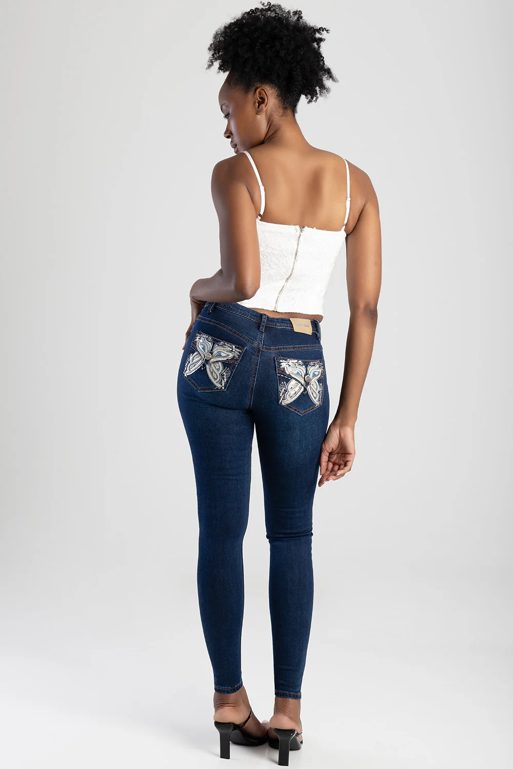 Full Pocket Embroidery Detail Mid Waist Skinny Jean - Dark Blue - Image 5