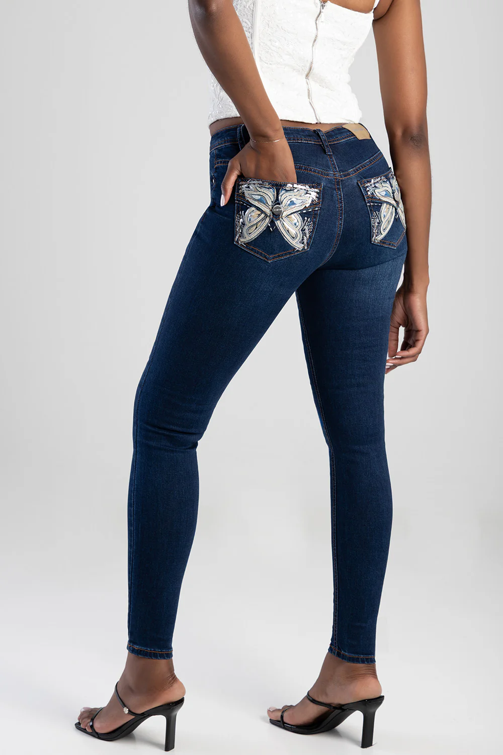 Full Pocket Embroidery Detail Mid Waist Skinny Jean - Dark Blue - Image 6