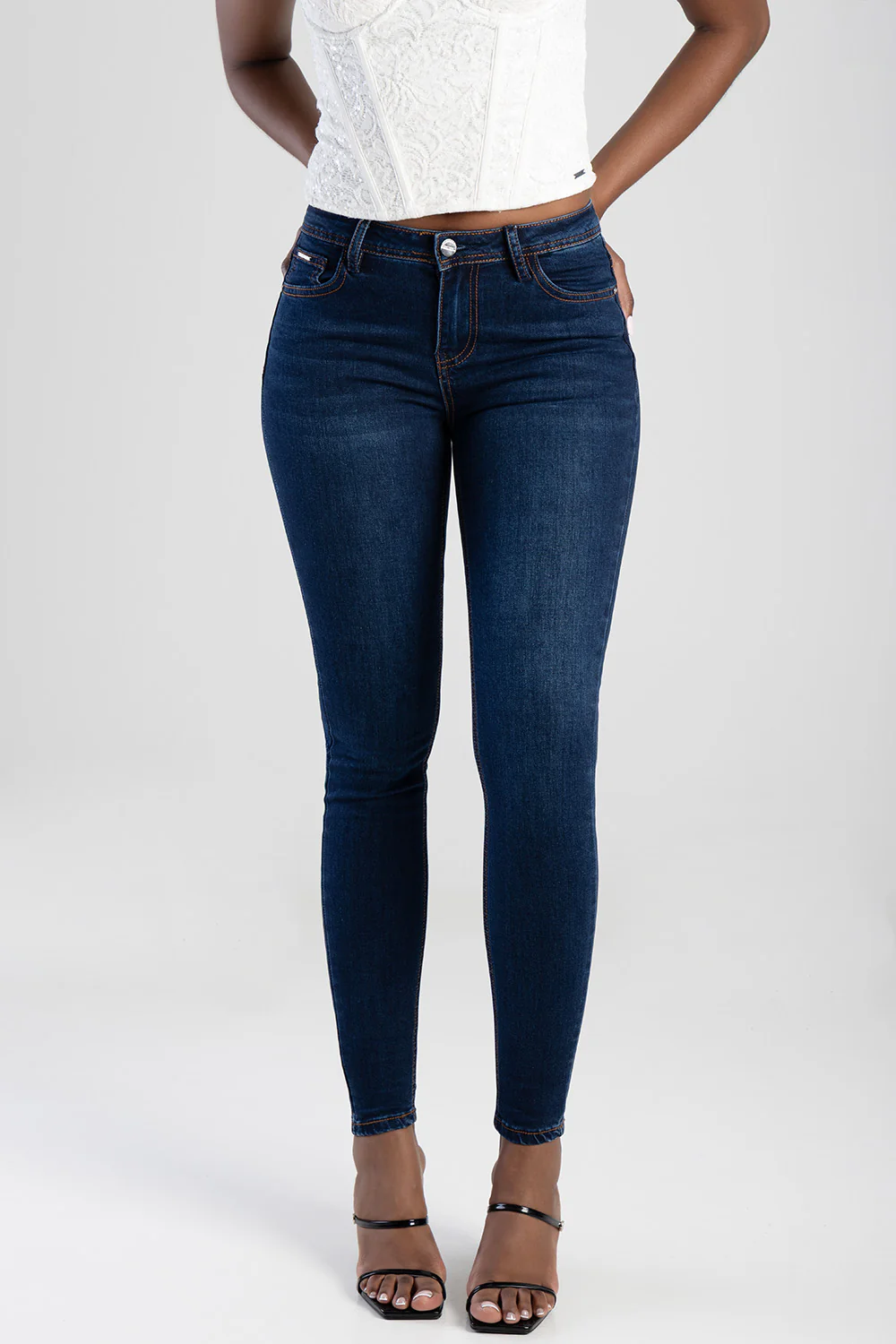 Full Pocket Embroidery Detail Mid Waist Skinny Jean - Dark Blue - Image 7