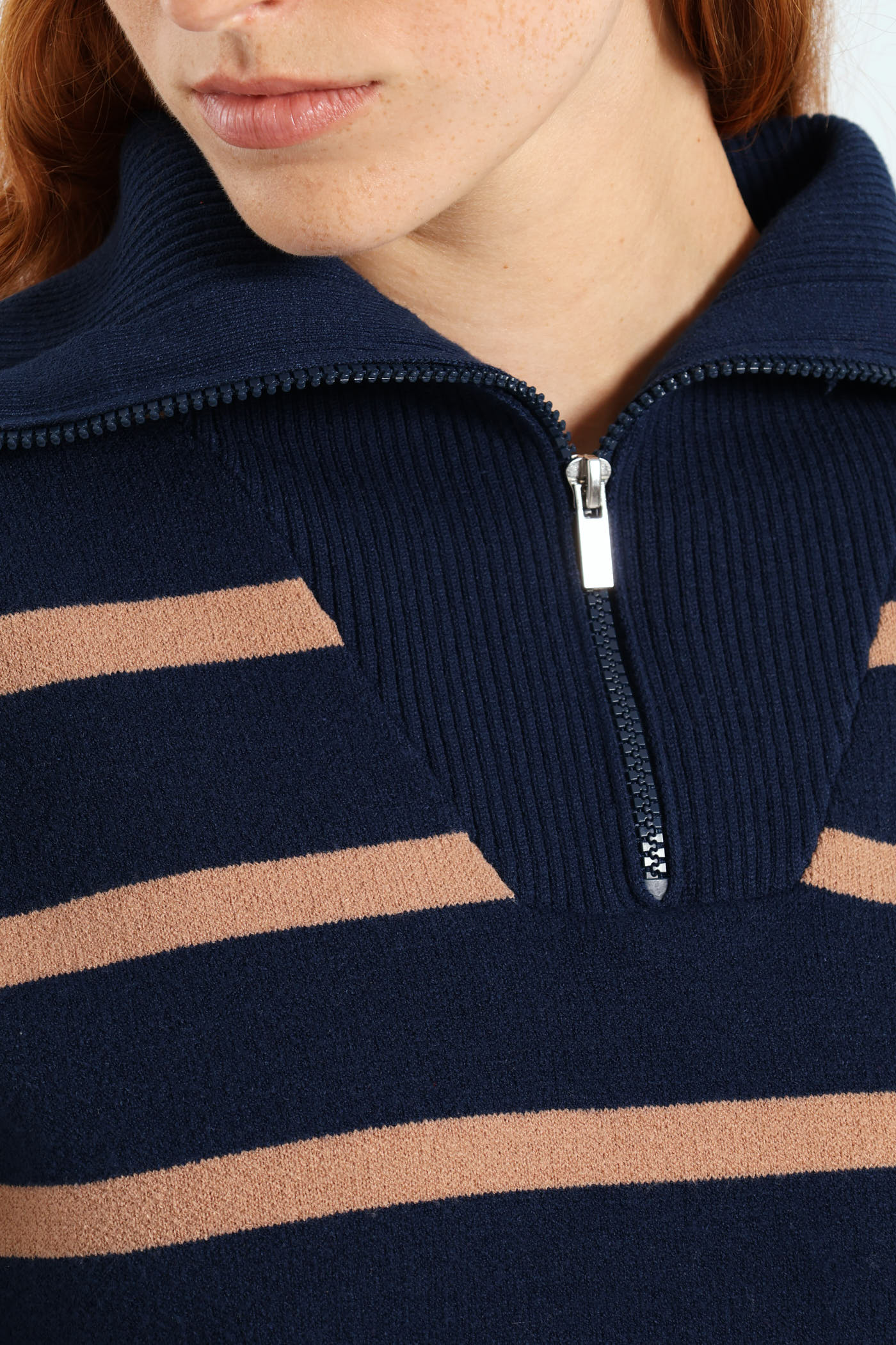 Funnel Neck Pullover With Zip - Navy/Brown - Image 2