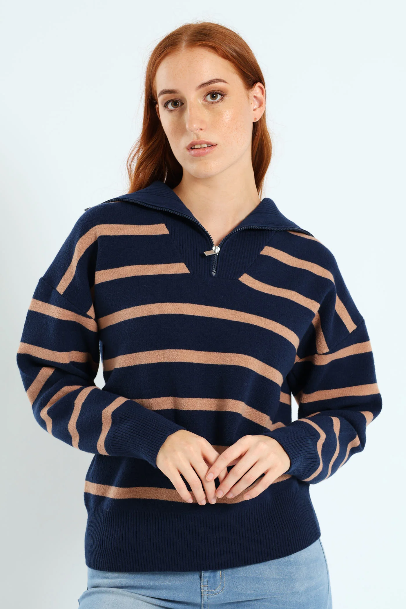 Funnel Neck Pullover With Zip - Navy/Brown - Image 3