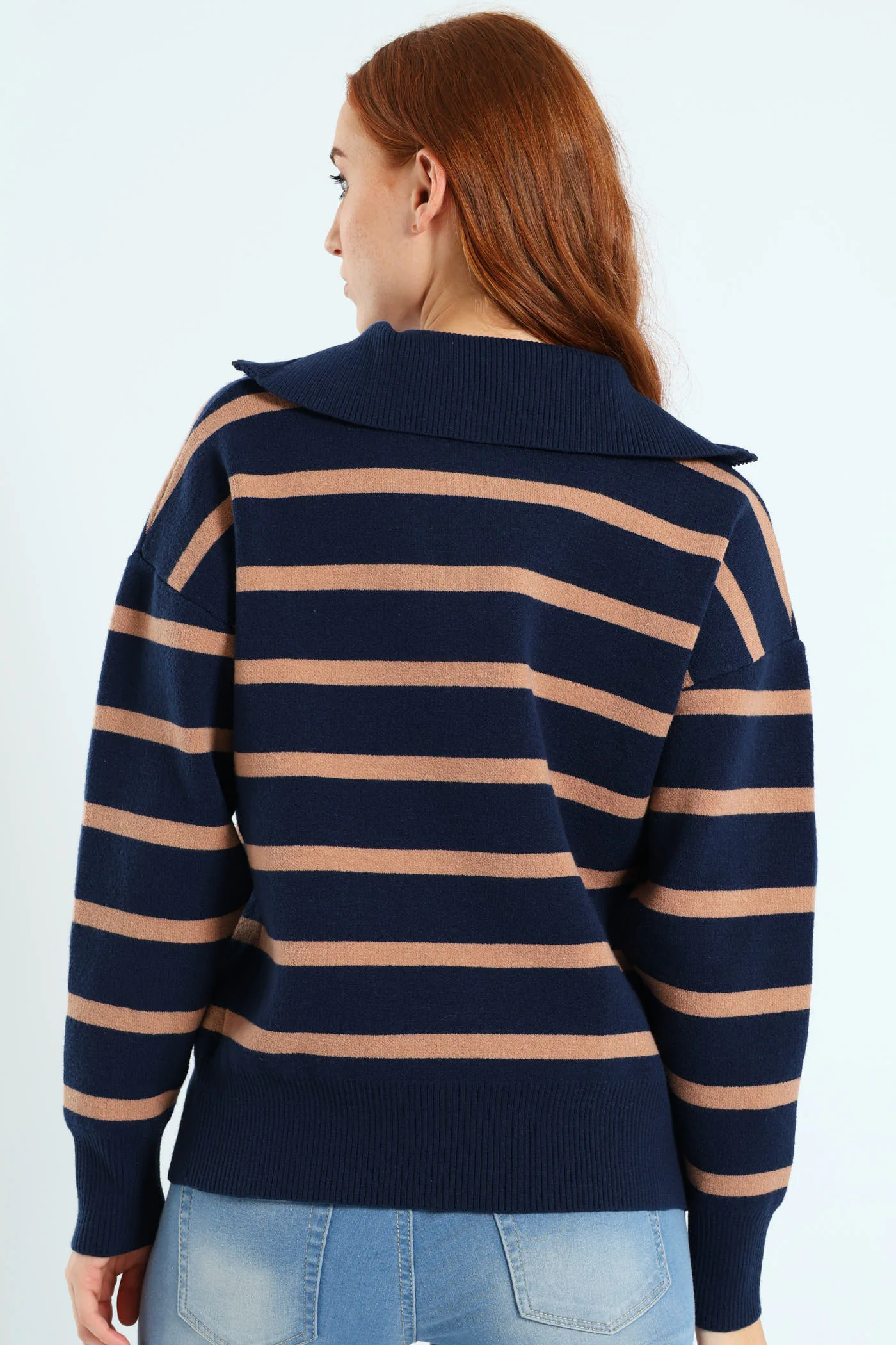 Funnel Neck Pullover With Zip - Navy/Brown - Image 4