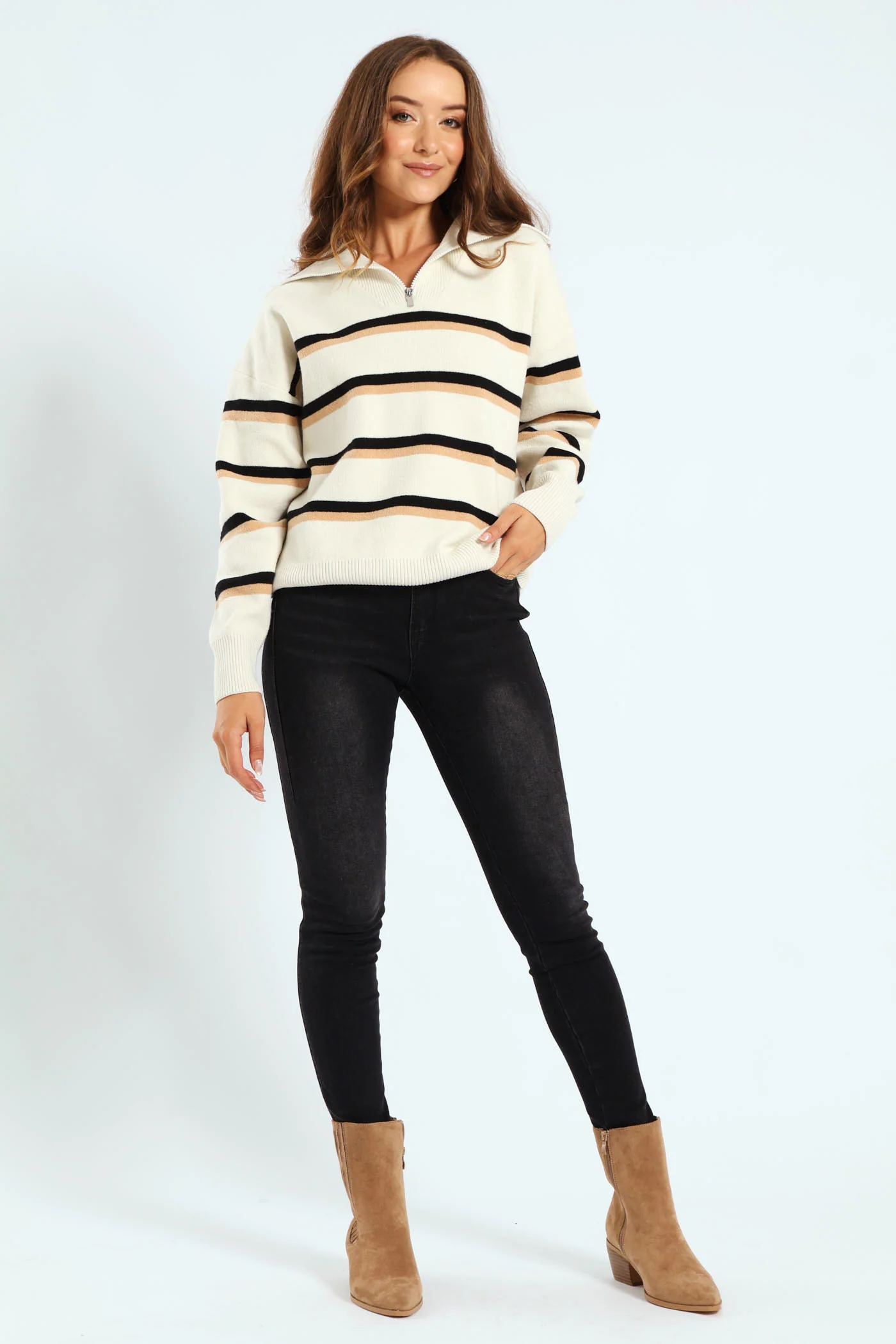 Funnel Neck Zip Pullover - Cream/Black - Image 2