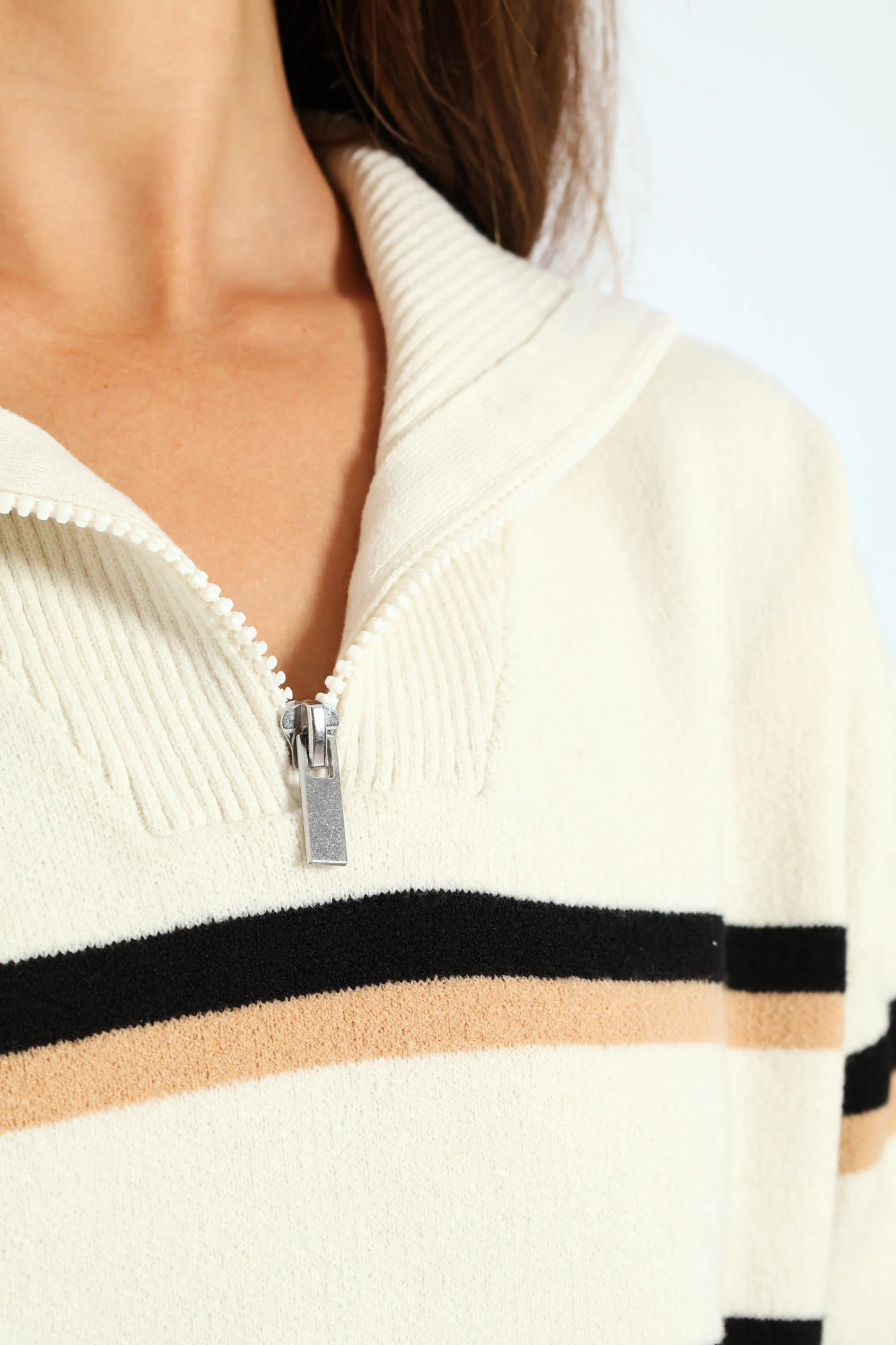 Funnel Neck Zip Pullover - Cream/Black - Image 4