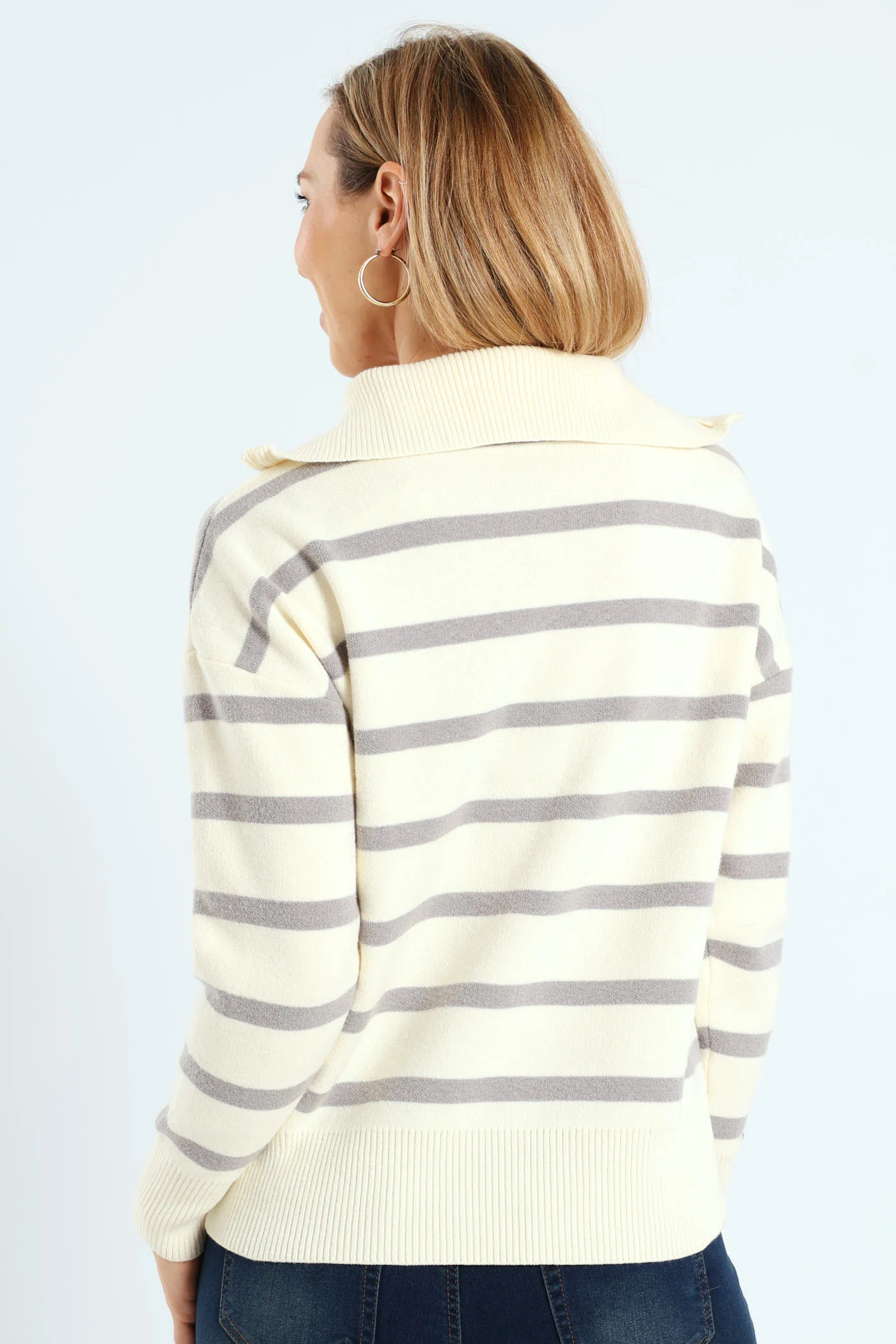 Funnel Neck Zip Pullover - Cream/Grey - Image 4