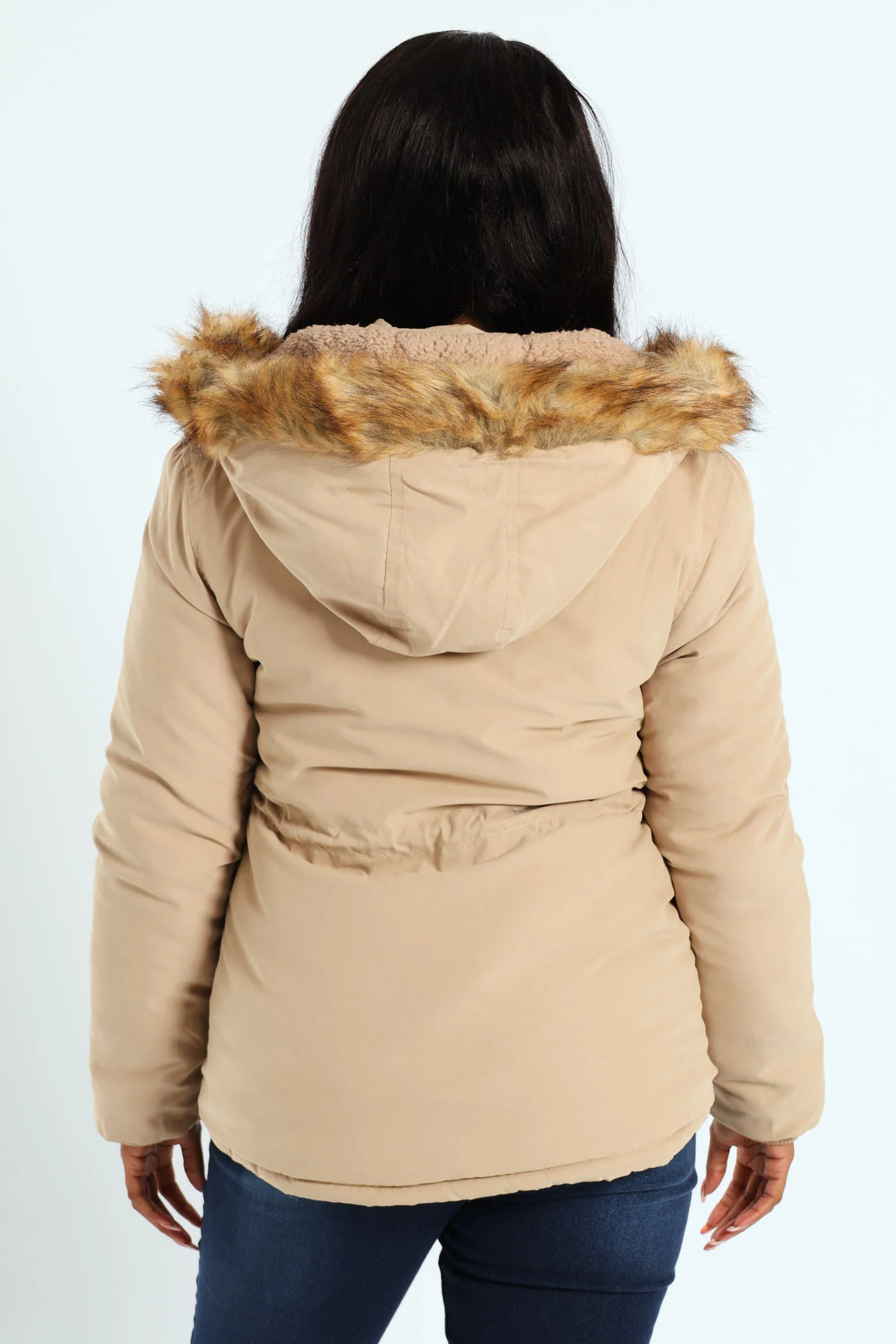 Fur Trim Parka With Utility Pockets & Detachable Hood - Dark Beige - Image 2