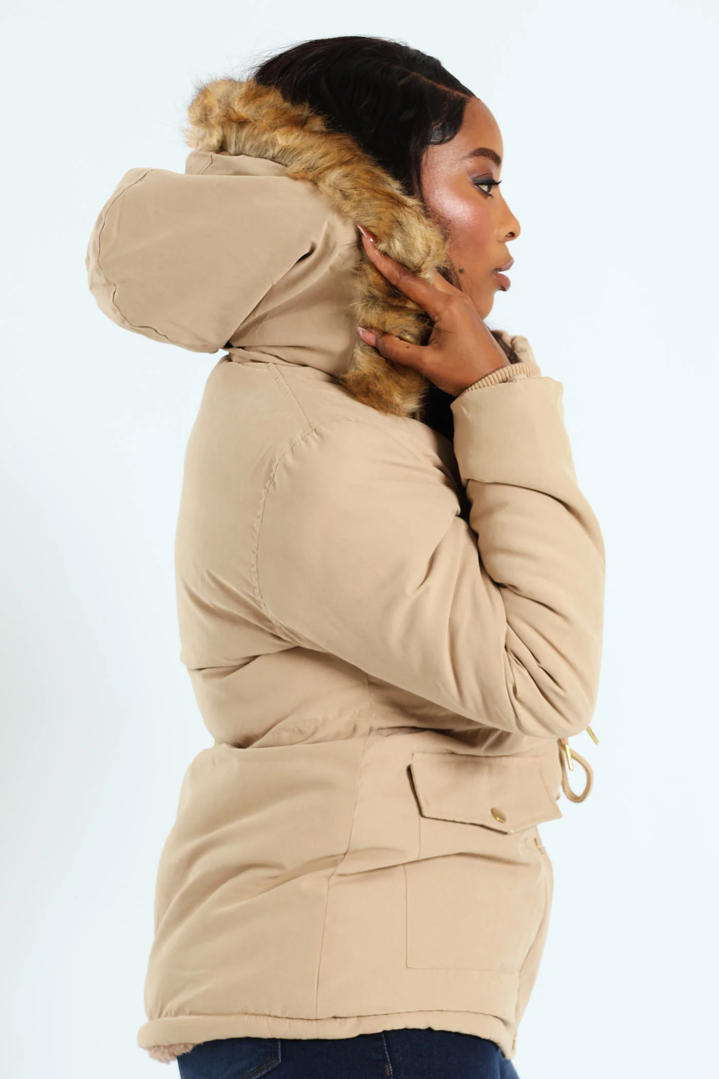 Fur Trim Parka With Utility Pockets & Detachable Hood - Dark Beige - Image 4