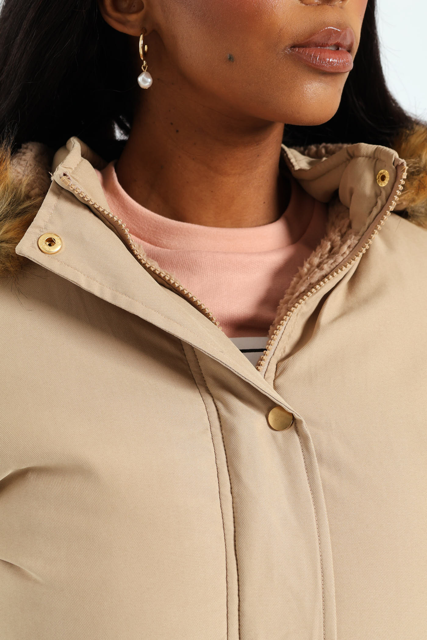 Fur Trim Parka With Utility Pockets & Detachable Hood - Dark Beige - Image 6