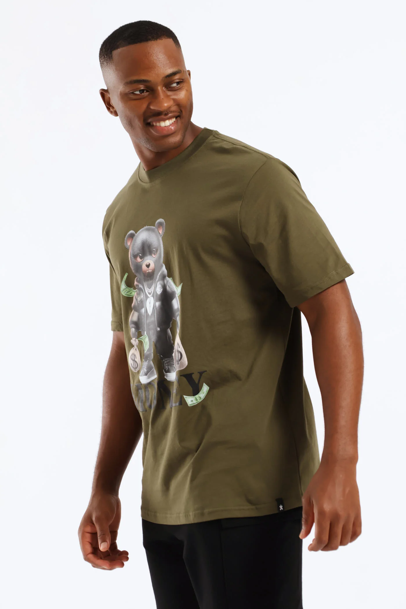 Gangsta Teddy Front Print Tee - Olive - Image 4