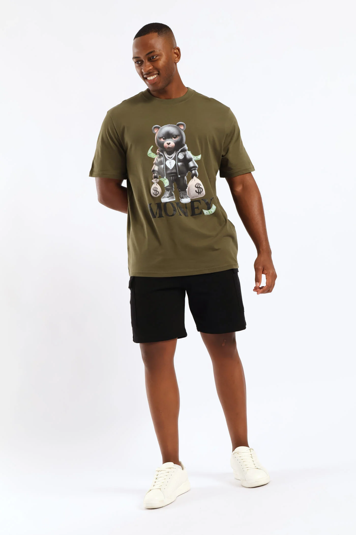 Gangsta Teddy Front Print Tee - Olive - Image 5