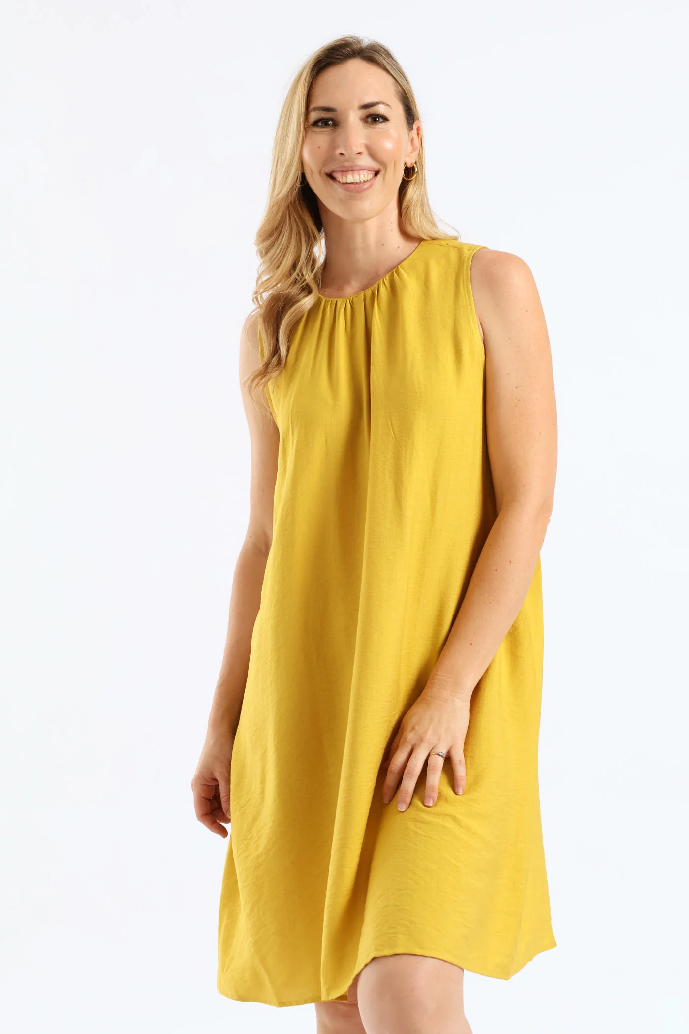 Gauged Neck Shift Mini Dress - Ochre - Image 2
