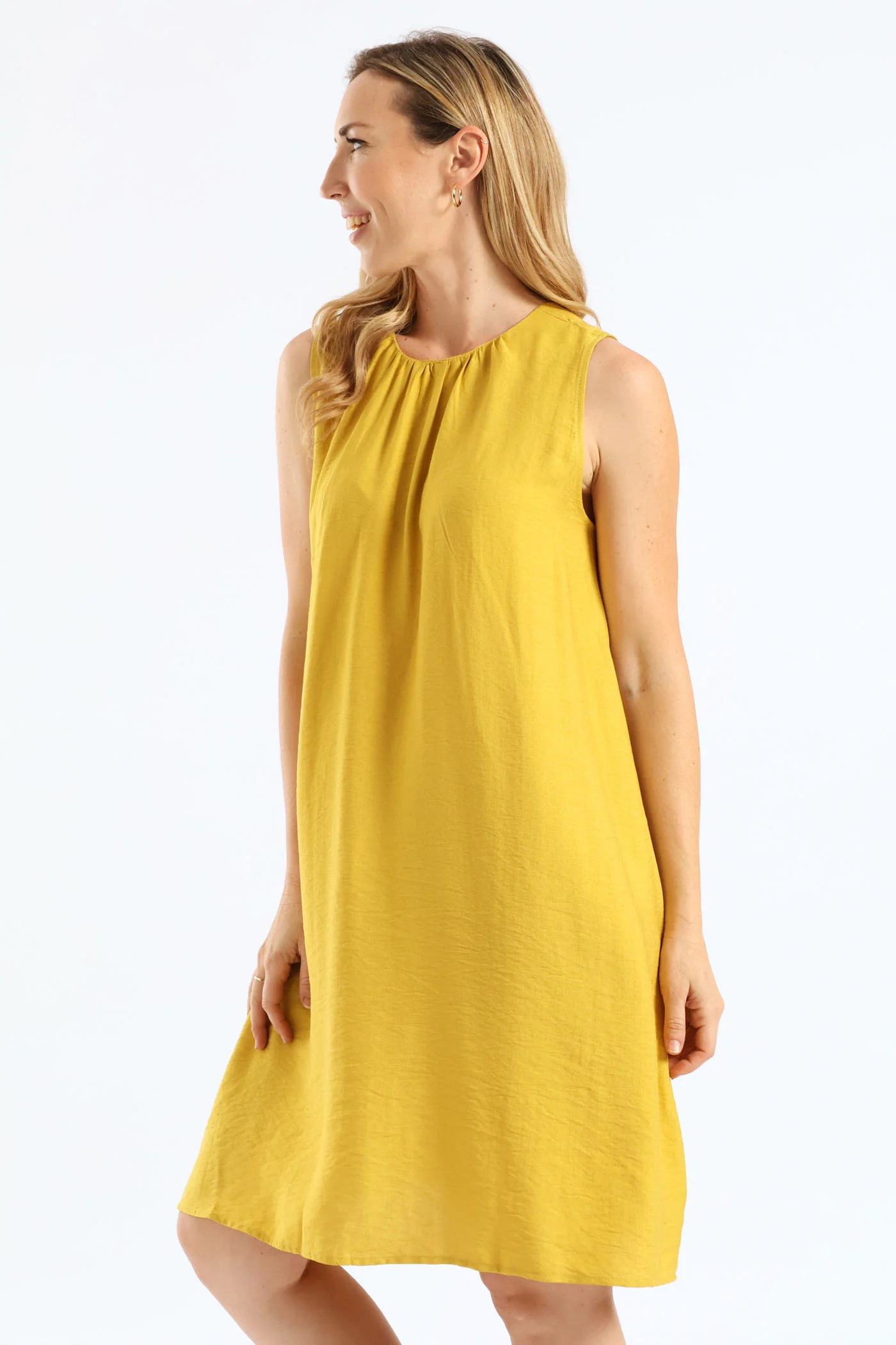 Gauged Neck Shift Mini Dress - Ochre - Image 3