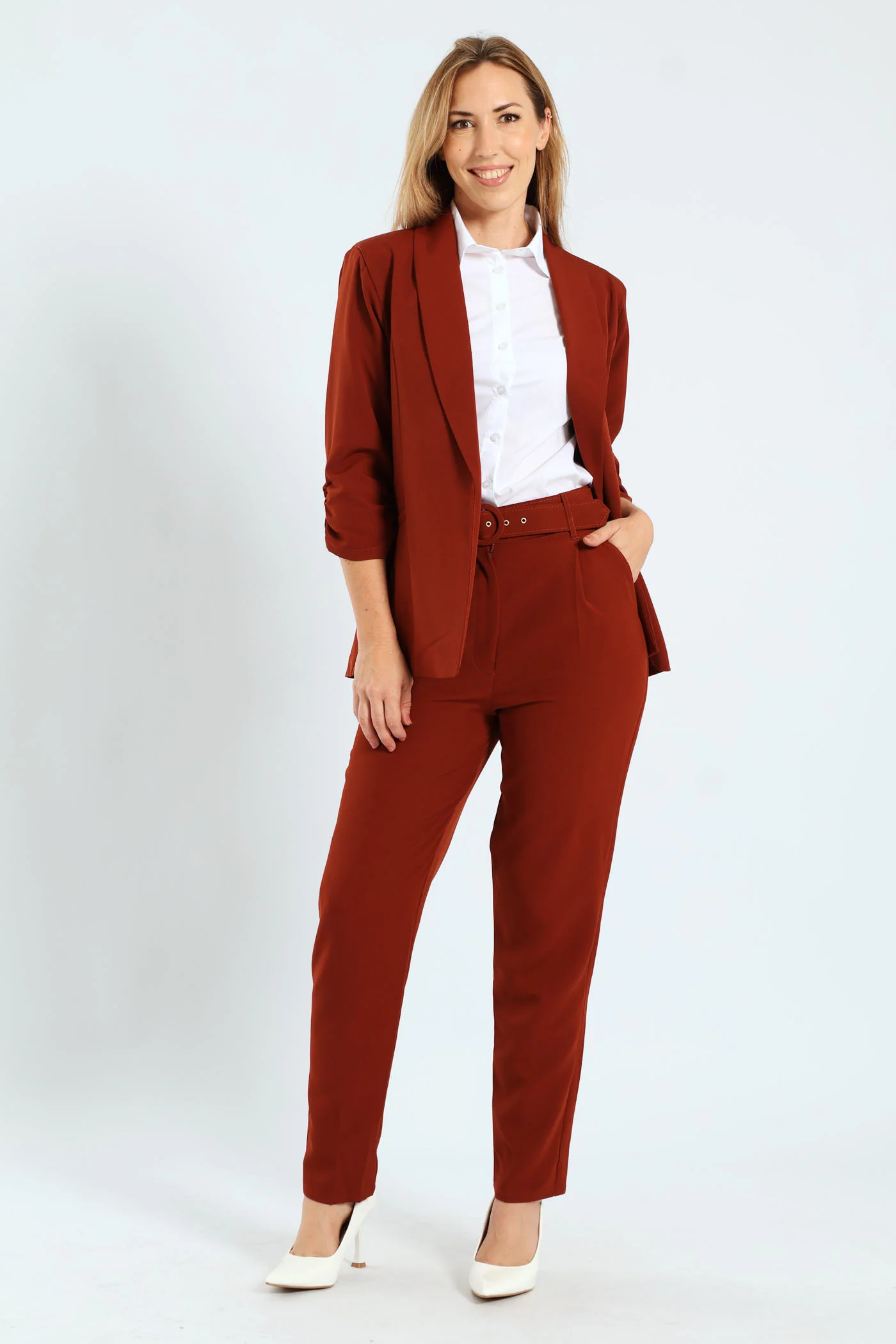 Gauged Sleeve Blazer - Brown - Image 5