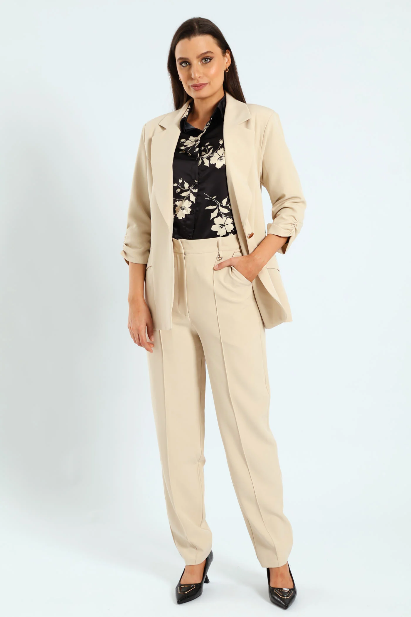 Gauged Sleeve Notch Collar Blazer - Bone - Image 2