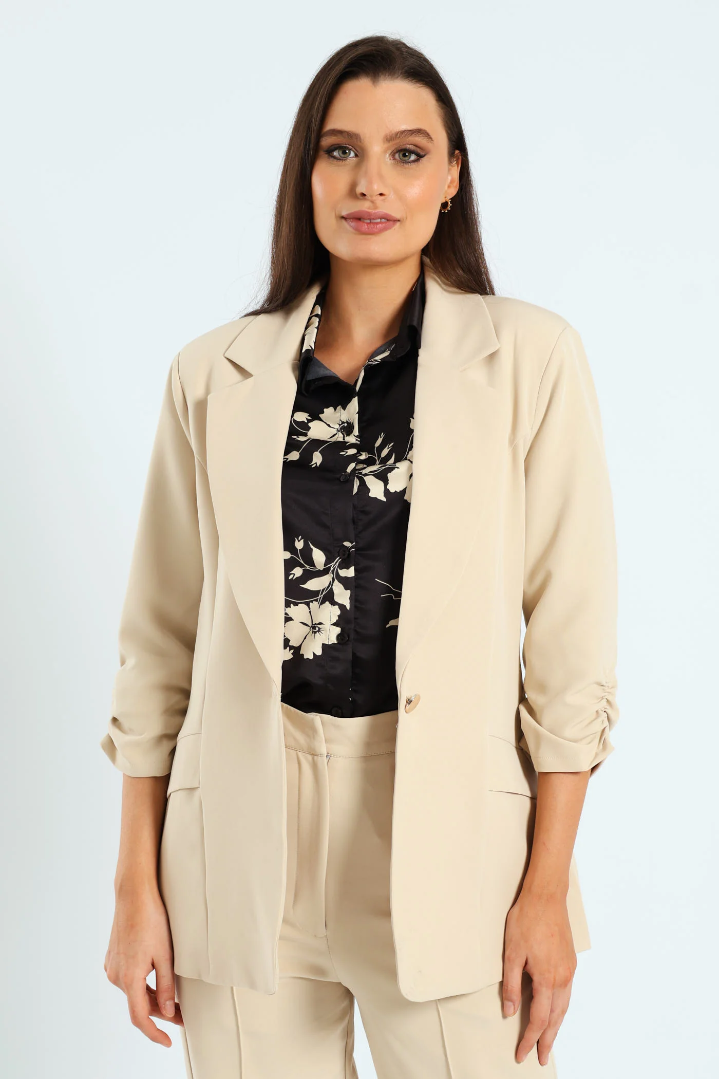 Gauged Sleeve Notch Collar Blazer - Bone - Image 4