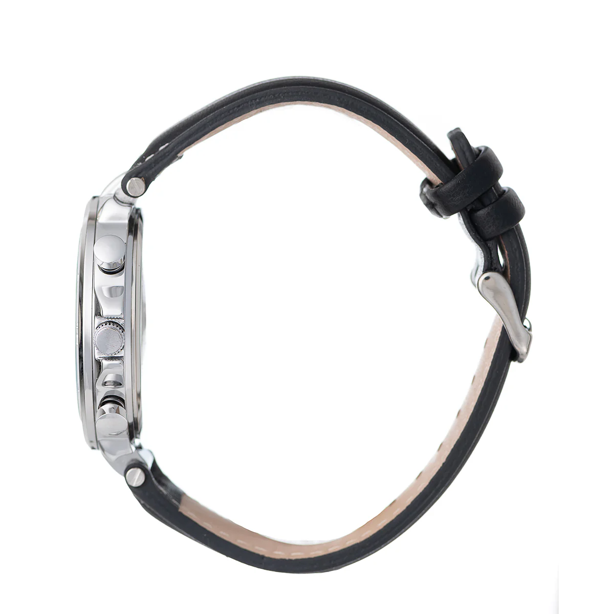 Gents Silver Case Watch With Black Dial & Leather Band - Image 3