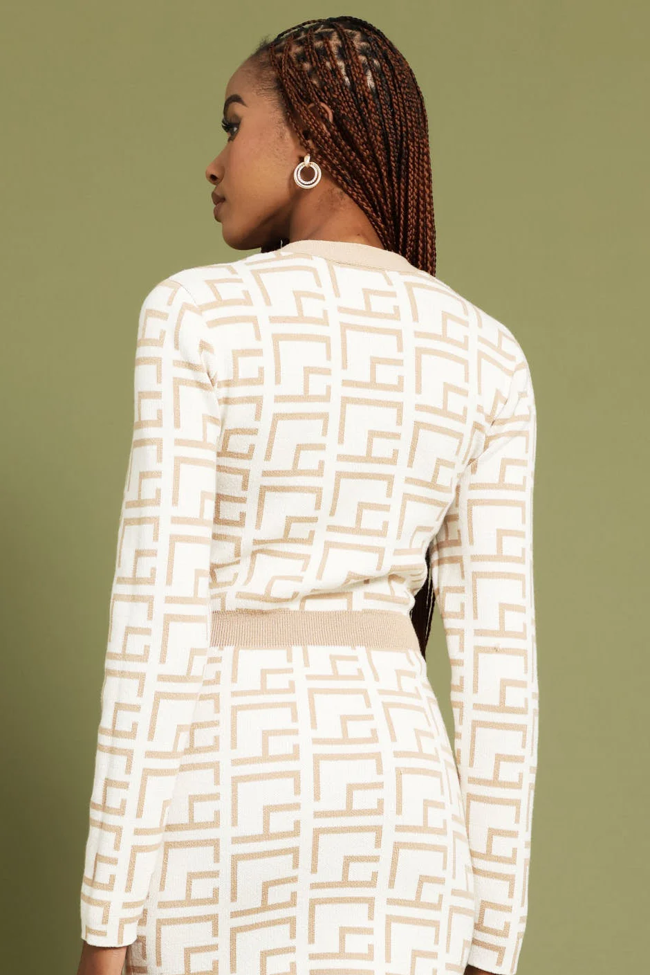 Geo Constrast Bodycon Knitwear Dress - Cream - Image 5