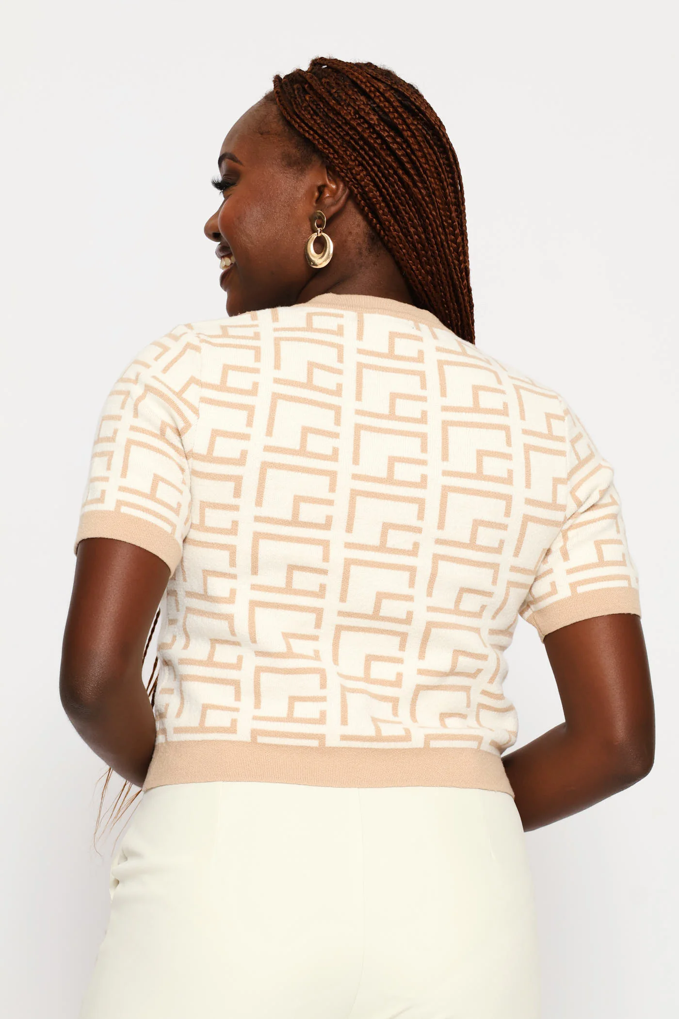 Geo Contrast Cardigan - Cream - Image 4