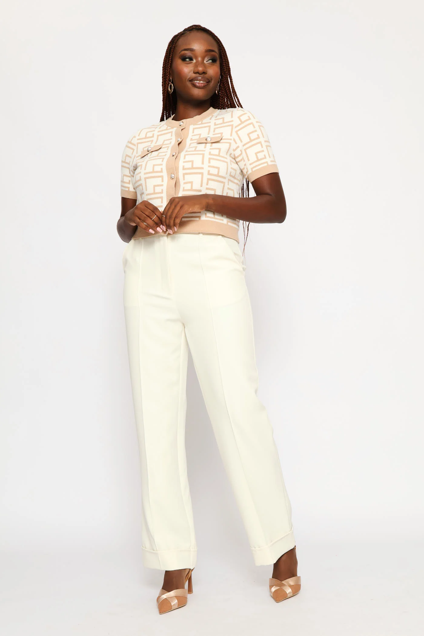Geo Contrast Cardigan - Cream - Image 5