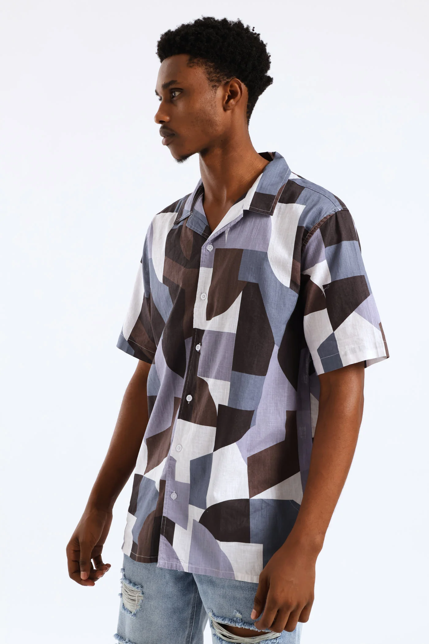 Geo Cotton Slub Print Shirt - Light Blue - Image 3