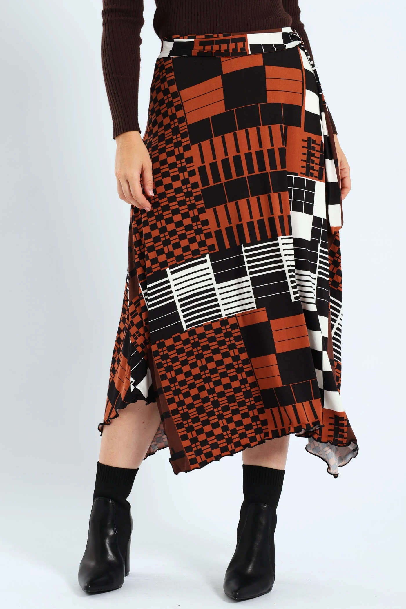 Geo D-Ring Belted Hi-Lo Knit Maxi Skirts - Black/Brown - Image 2