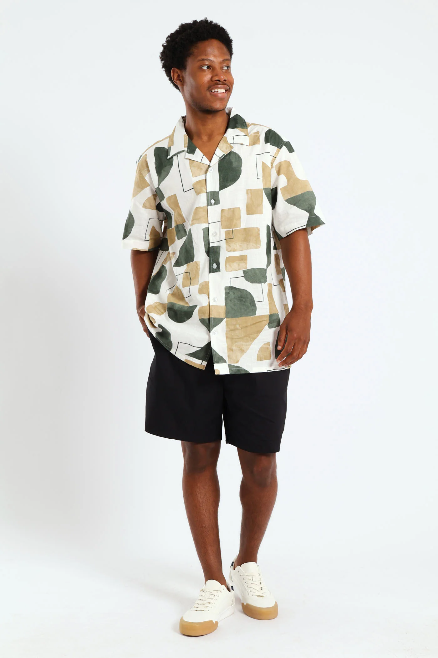 Geo Print Cotton Slub Shirt - Green - Image 3