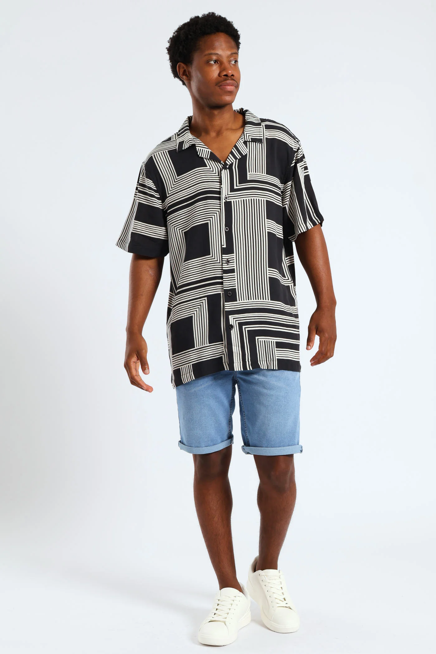 Geo Print Viscose Shirt - Black - Image 2