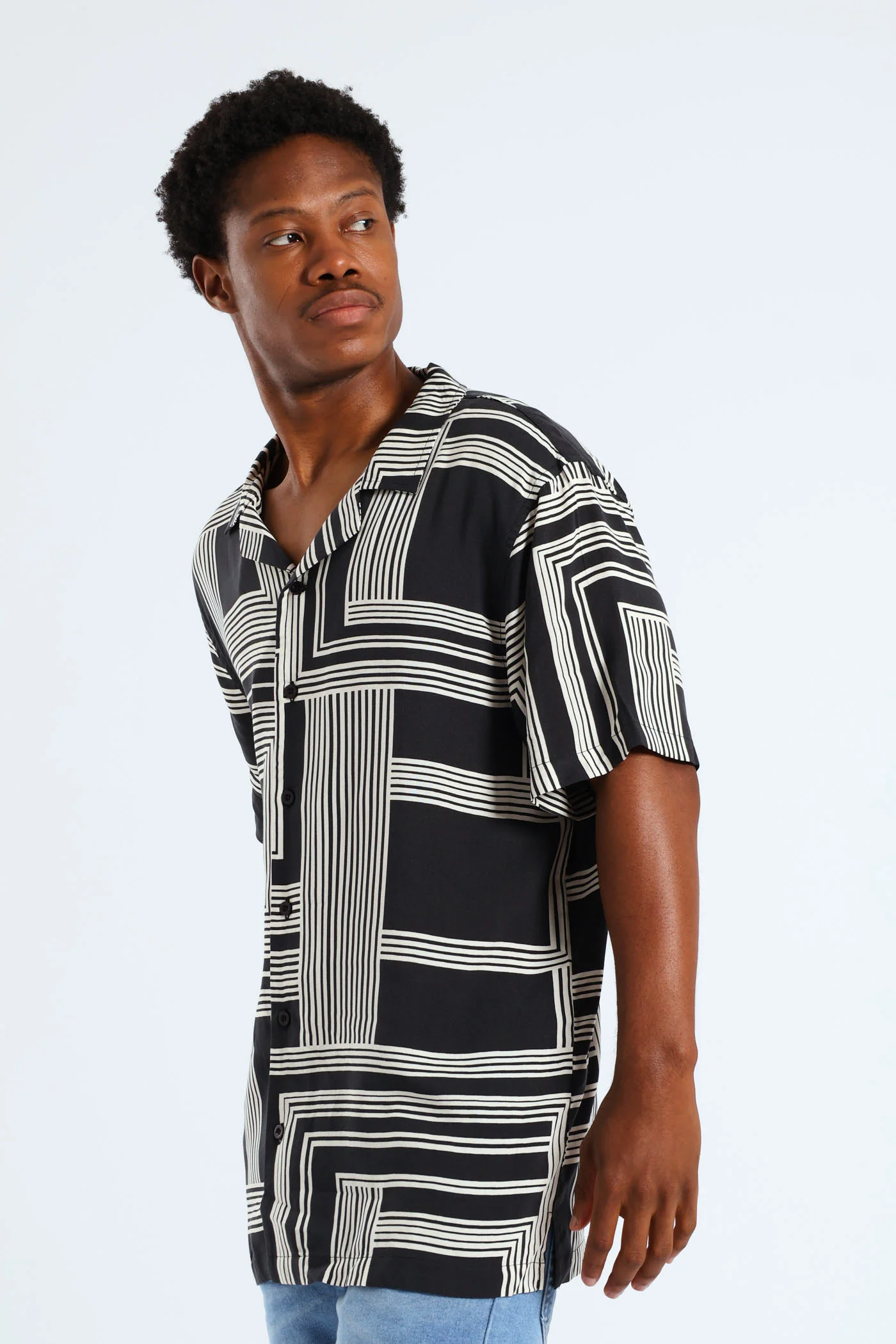 Geo Print Viscose Shirt - Black - Image 3