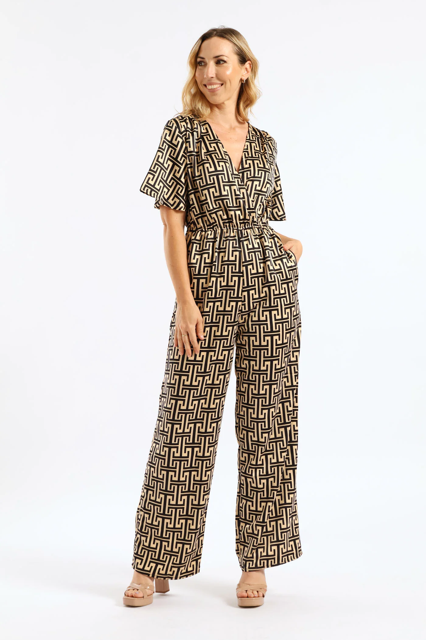 Geo Satin Jumpsuit - Black/Cream - Image 5