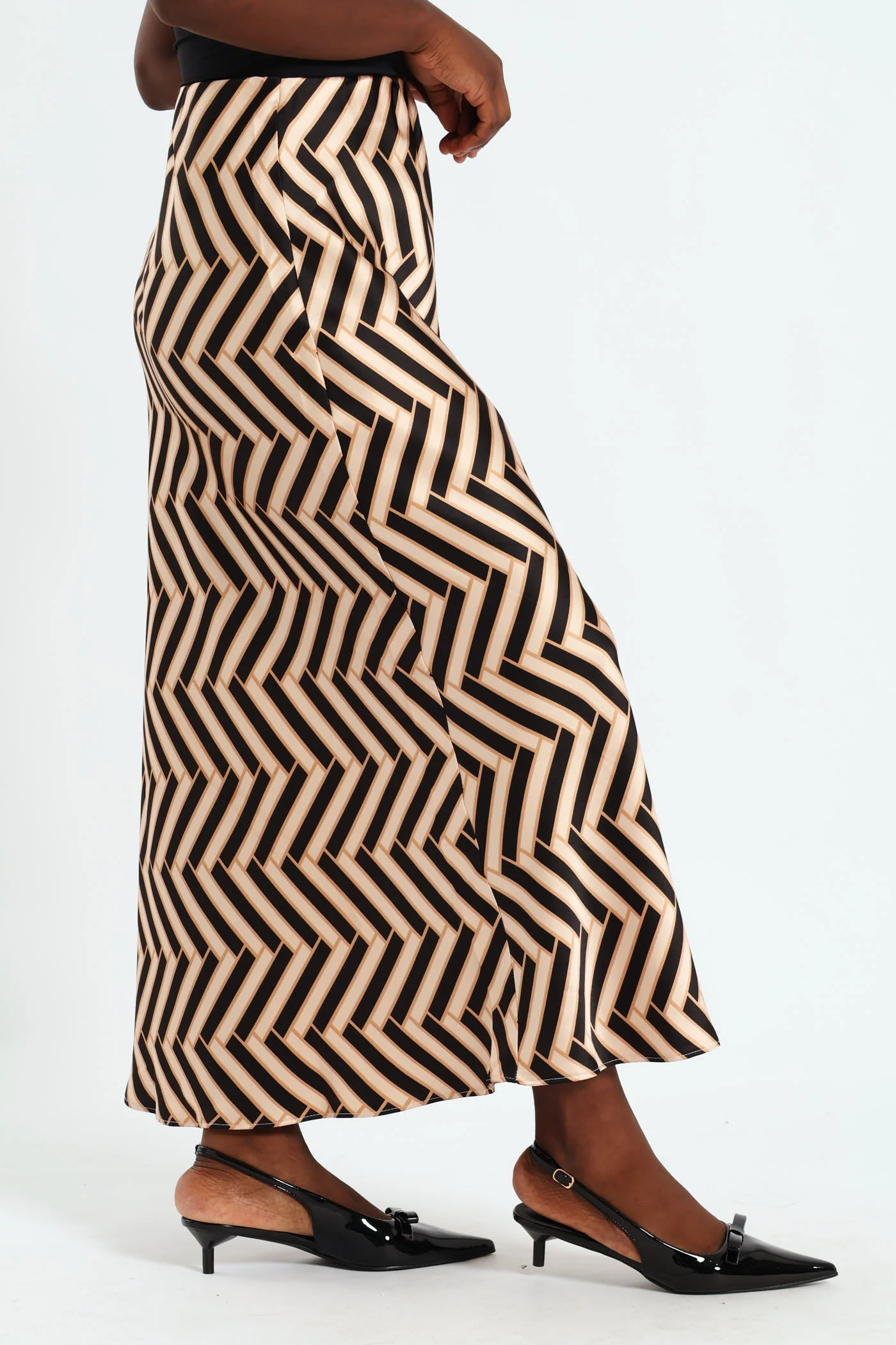 Geo Satin Midi Slip Skirt - Black/Beige - Image 2