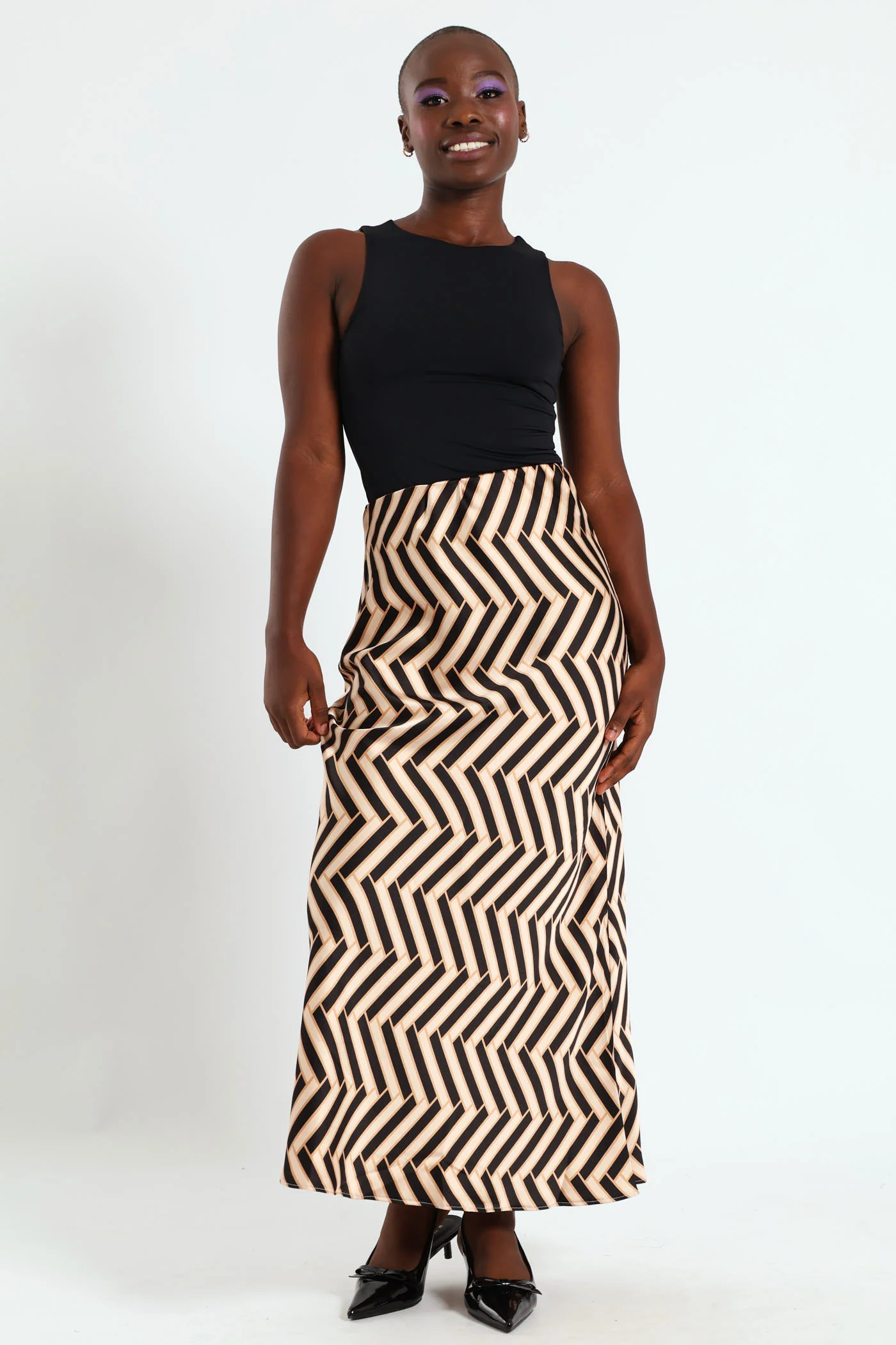 Geo Satin Midi Slip Skirt - Black/Beige - Image 4
