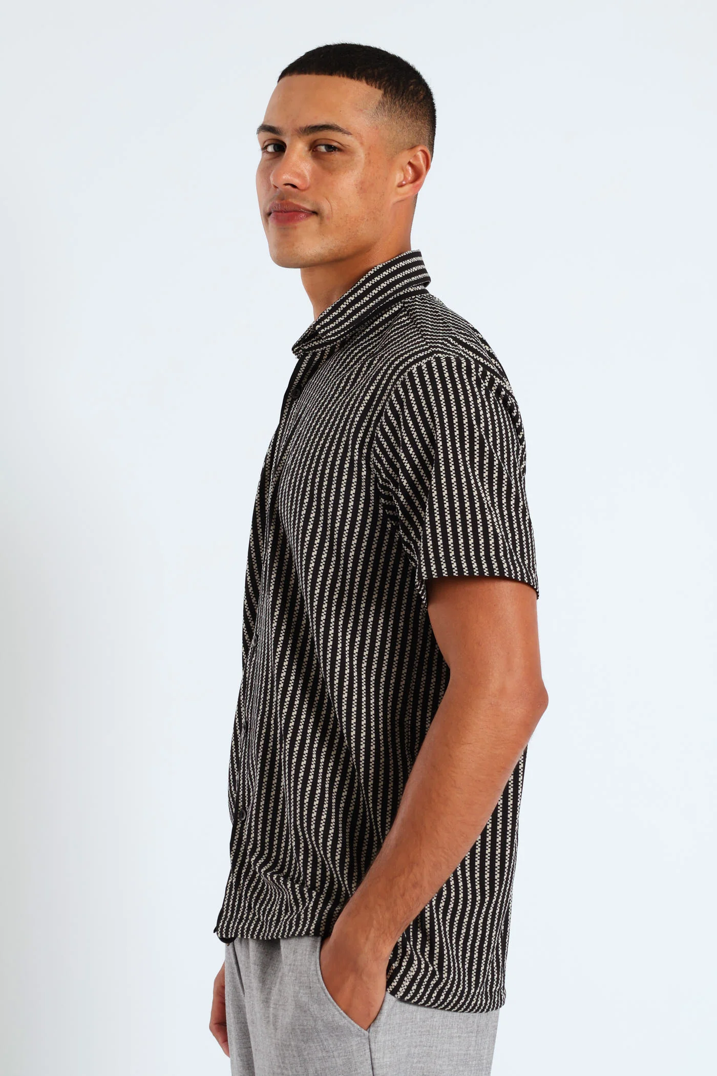 Geometric Stripe Viscose Shirt - Black/Beige - Image 2
