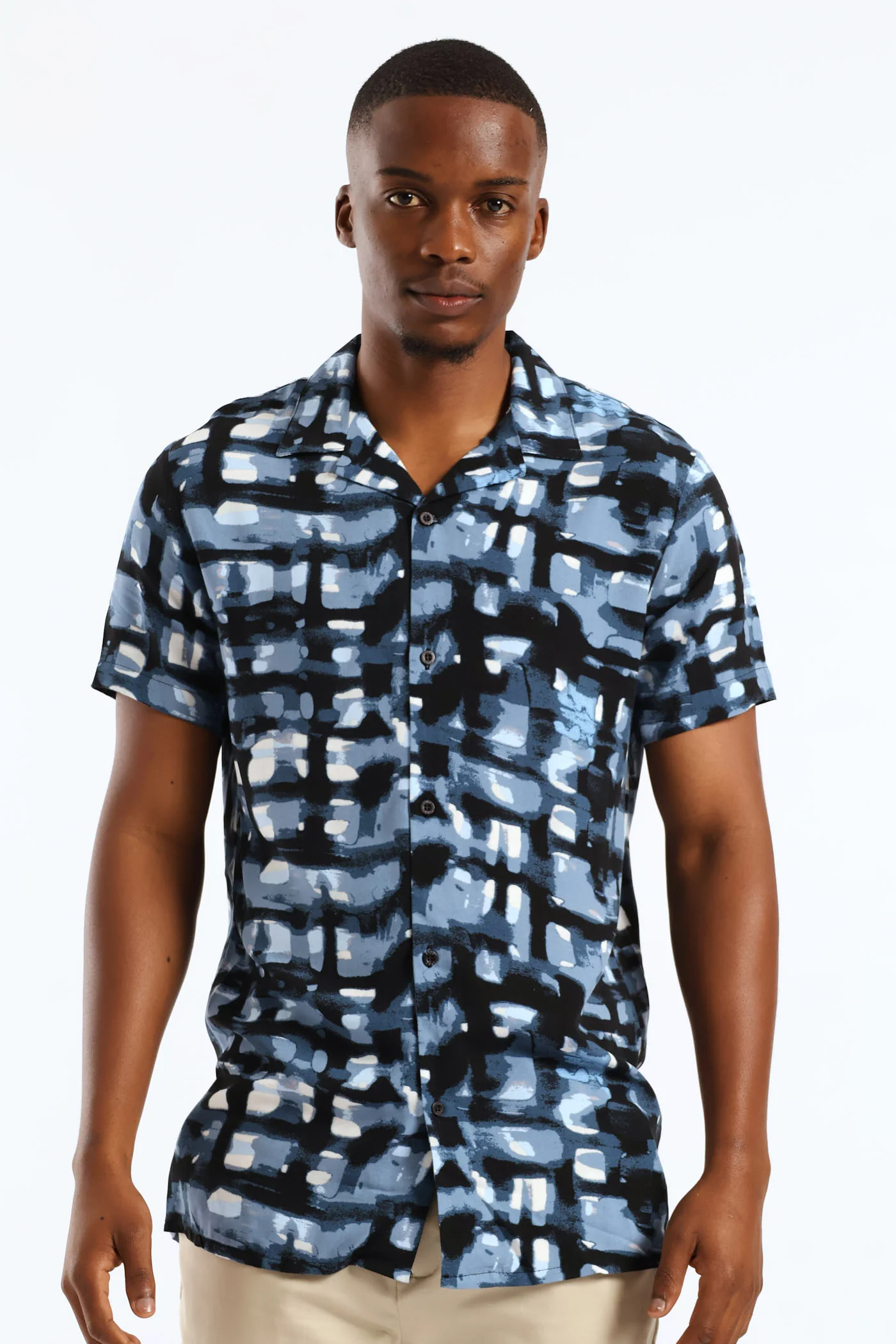 Geometric Watercolour Viscose Shirt - Blue - Image 2